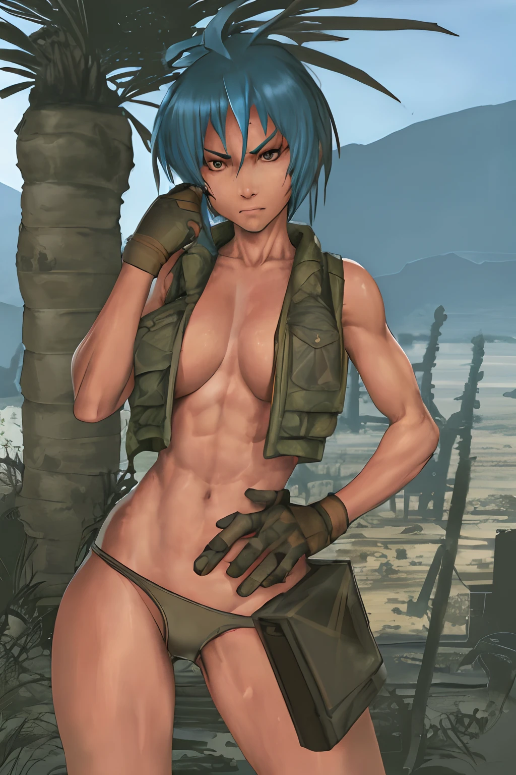 Vest and panty, naked, serious, sexy pose, military, desert. Cammo, Sun, hot, guerrilla, tropical, wetting, leona from the king of fighters.