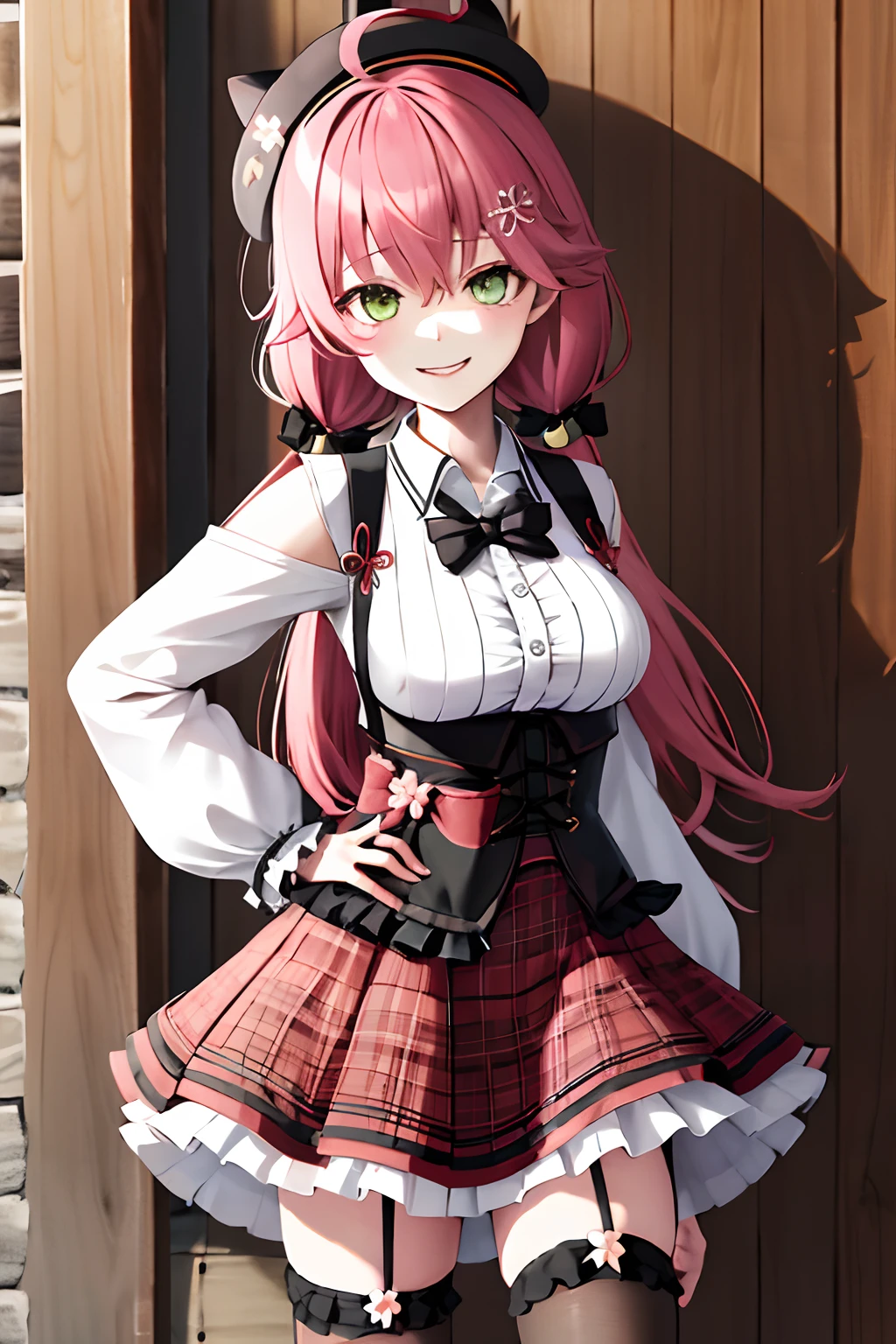 masterpiece, best quality, highres, miko2, sakura miko, 1girl, solo, green eyes, long hair, ahoge, black headwear, hair ornament, white shirt, black thighhighs, pink hair, red skirt, plaid skirt, garter straps, collared shirt, hairclip, frills, bangs, hair between eyes, animal hat, frilled skirt, beret, pleated skirt, hair flower, low twintails, neck bell, cat hat, medium breasts, puffy long sleeves, black bow, underbust, evil smile, hand on hip, outdoors,