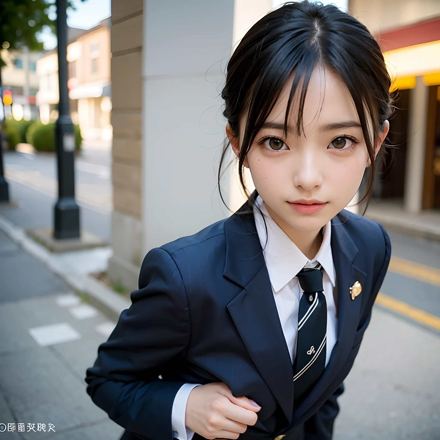(masutepiece, Best Quality:1.2), 8K, Official art, Full body photo, full body Esbian、Emma tightening her tie.Back angle、turned around、cute butt、suits、Embarrassing black hair、14years、small tits、A delightful、a smile、unbelievable Ridiculous, (Upper body, Dark blue suit:Cute Tie 1.4), Beautiful Girl, Pretty Face, arching back down, cute butt、Gold hair ornament on hair、Wearing a cute suit、close up, Wearing a suit, Short sleeve, gardenia, violaceaess, Teen, Street, Looking at Viewer, Film grain, chromatic abberation, Sharp Focus, face lights, Dynamic lighting, Cinematic lighting, Eyes and faces with detailed, Bokeh background, (Tie with Emma written on it、1 copy:1.2)