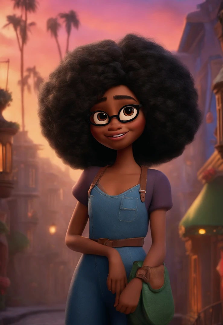 Um filme inspirado na Disney Pixar (MENINA NEGRA JOVEM COM CABELO LONGO CACHEADO PRETO) dentro A cena estar na arte distinta do estilo PIXAR, descolada e estilosa, oculos aro redondo