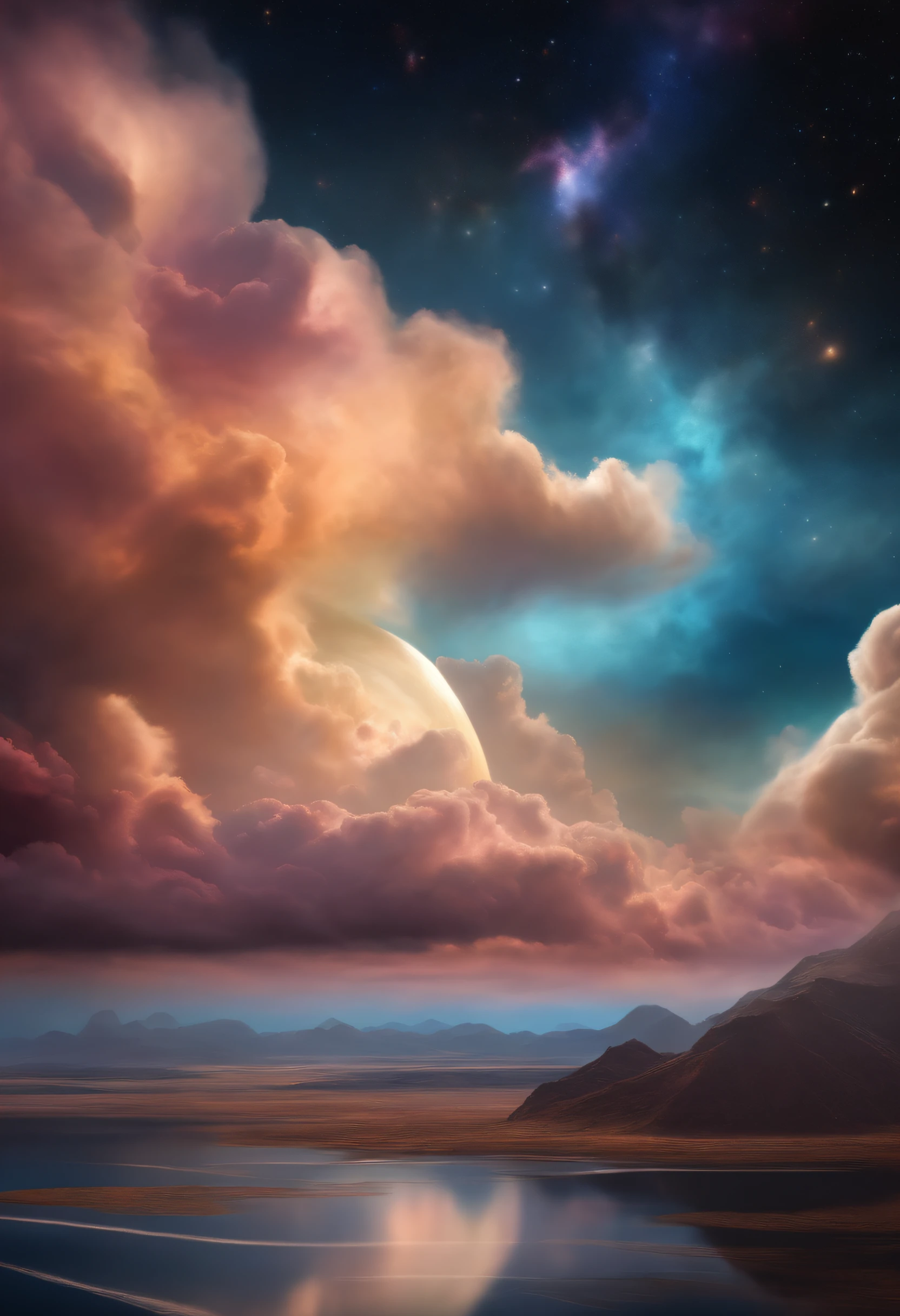 a digital painting of cosmic clouds in a universal sky, in the style of art deco surreal art