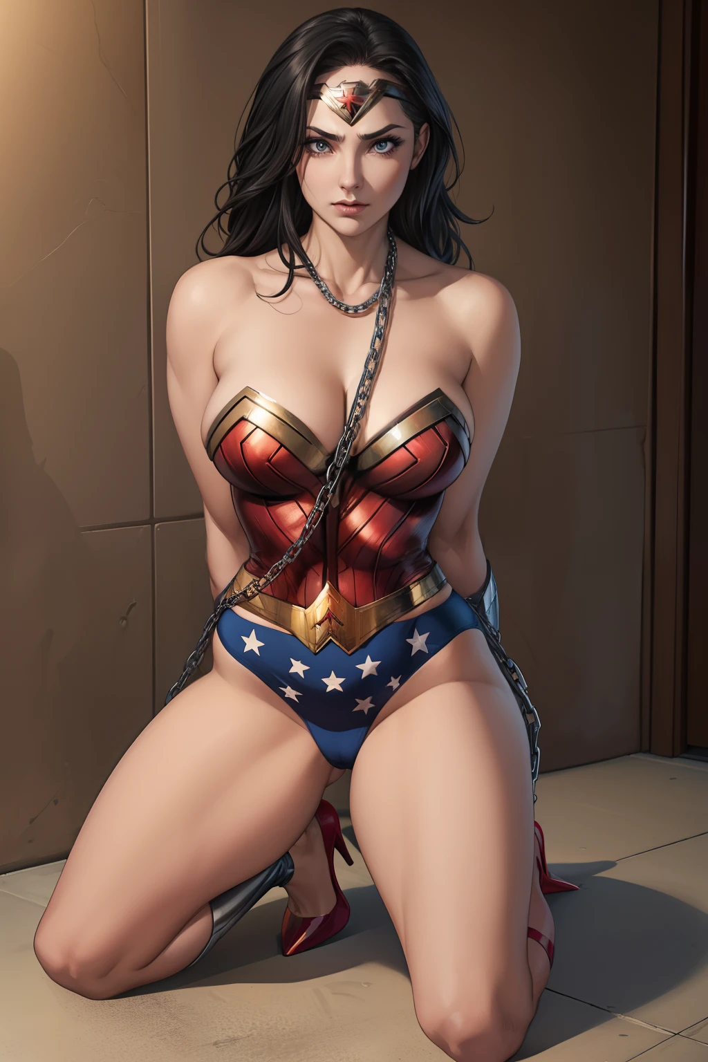 1girll, ((She wears lace white panties)), (She wears stiletto heels) ((The uniforms were in tatters)), ((Superheroine Wonder Woman kneels in prison)), Wearing sweat,scared expression, ((Black hair, long whitr hair)), ((He wears a thick metal chain around his neck )) ,(Arms tied behind your back:1.4), (hands on back), (tmasterpiece, best qualityer) 1.5, (Raised sexy, perfect face, perfect eyes) full bodyesbian, ( arms back behind:1.4), ((high-definition face))