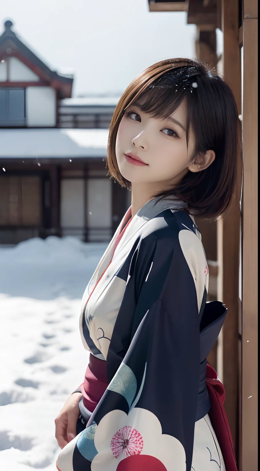 (Kimono)、、(top-quality,masterpiece:1.3,超A high resolution,),(ultra-detailliert,Caustics),(Photorealsitic:1.4,RAW shooting,)Ultra-realistic capture,A highly detailed,high-definition16Kfor human skin、 Skin texture is natural、、The skin looks healthy with an even tone、 Use natural light and color,One Woman,japanes,,kawaii,A dark-haired,Middle hair,(depth of fields、chromatic abberation、、Wide range of lighting、Natural Shading、)、、(Falling snow:1.3)、(Hair swaying in the wind:1.2)、(Snow reflects light:1.3)