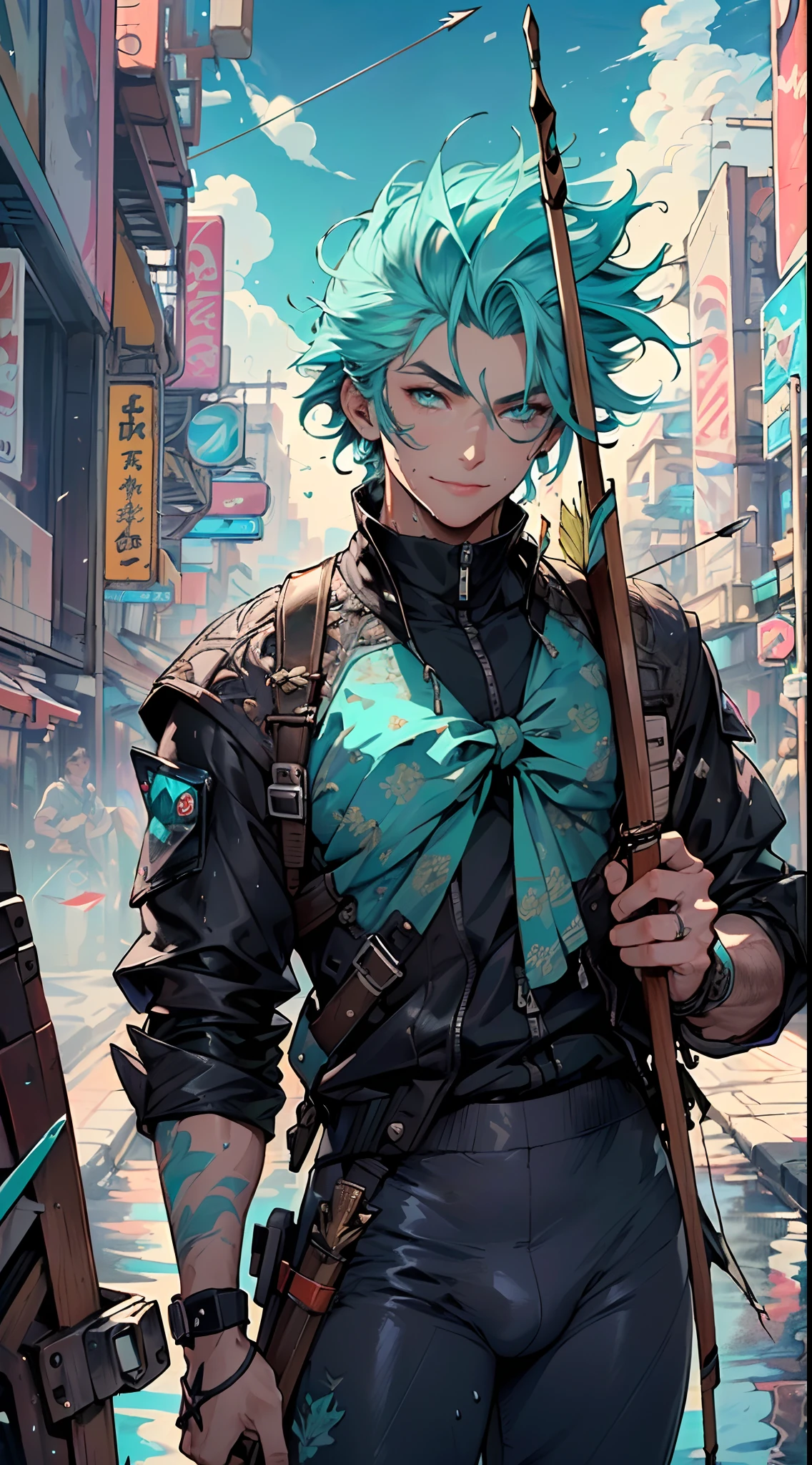 man:1.5,1 man,archer man,(((1man))),((man with aqua hair)),
(((1male,man:1.5,handsome man,male,male gender:1.5,male focus))),macho man,
((aqua messy hair,aqua hair,short hair,colored inner hair)),(((lustrous skin:1.5,tanned skin,bright skin: 1.5,skin tanned,shiny skin,very shiny skin,shiny body,illuminated skin))),(((aqua_eyes:1.2))),intricate eyes,beautiful detailed eyes,symmetrical eyes,((man chest)),handsome face,((muscular)),(((detailed face))),
confident attitude,nsfw,
cyberpunk agent, ((holding a arch:1.5,bow and arrows in a quiver:1.5)), cyberpunk citizen in oversize techwear,((bulge in pants)),((cyberpunk archer outfit)),((wet clothes,intricate outfit,intricate clothes)),
(dynamic pose:1.0),solo focus,((evil smile,evil look)),(centered,scale to fit dimensions,Rule of thirds),
cyberpunk city by the ocean at night, with bright neon signs and dark stormy clouds and puddles, scenery:1.25,starry night, cosmos,
highres, sharp focus, (ultra detailed, extremely detailed), (photorealistic artwork:1.37),(extremely detailed CG unity 8k wallpaper),((synthwave background theme)),(((vibrant colors))),(intricate background),(masterpiece),(best quality),
