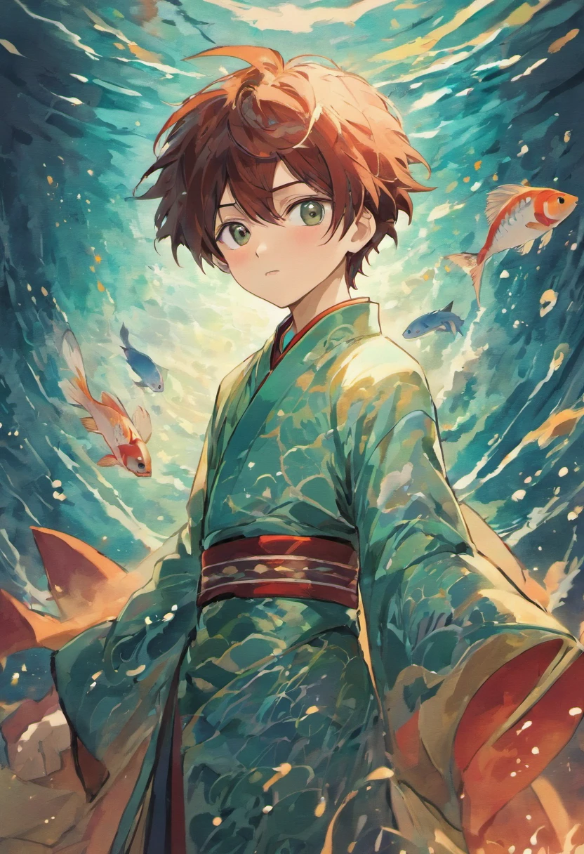 Boy - Chinese robe - white、green、Nero、Reddish brown - dark blue - fish pattern - wave pattern