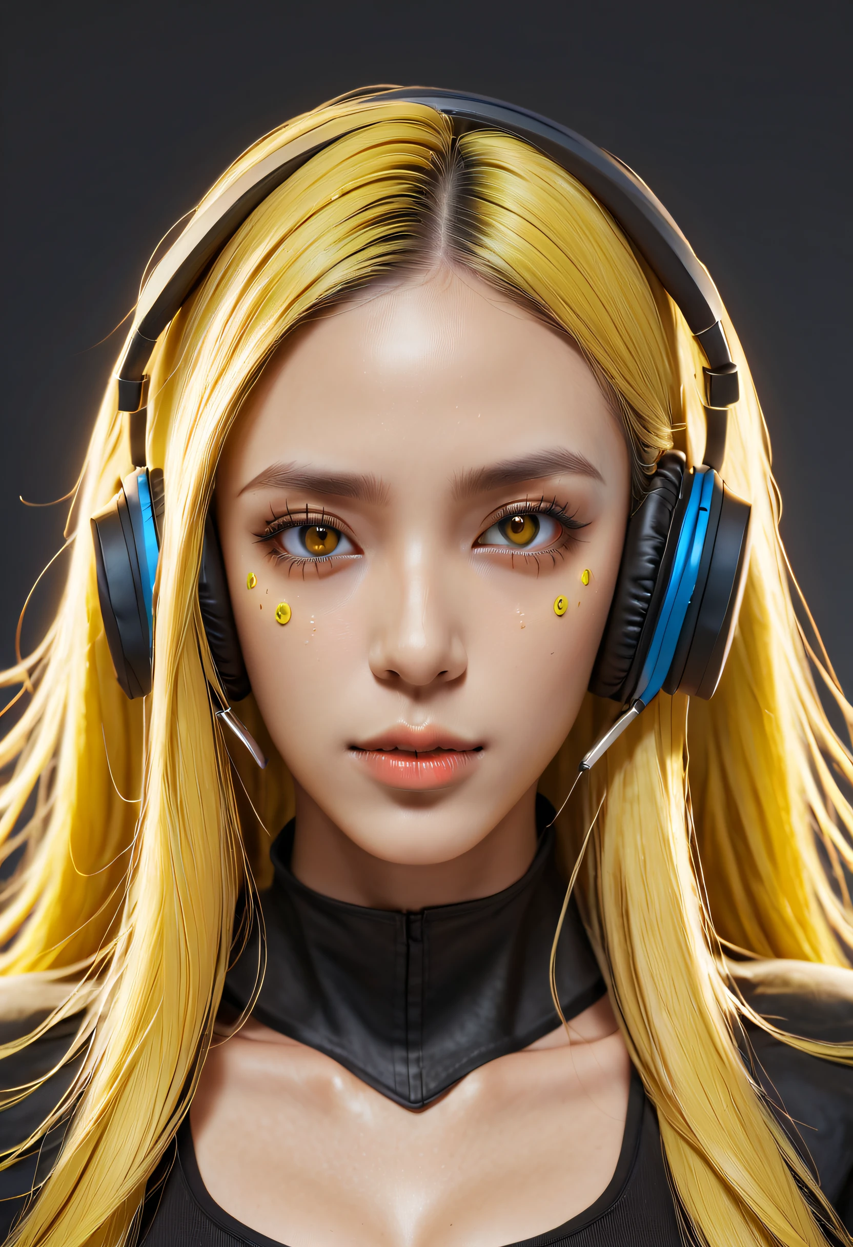 girl with long yellow hair, yellow eyes, futuristic vibes, mask on mouth, headphones, 8k, high quality, simple background, glowing eyes, nice pose