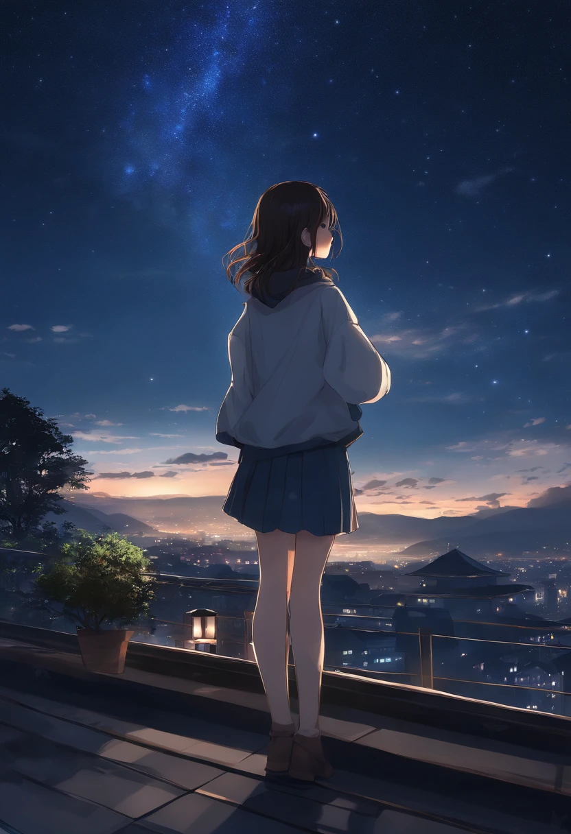 Anime girl standing on the roof looking at the night sky with stars, 4k anime wallpapers, Anime Wallpaper 4k, Papel de parede anime 4k, Anime Art Wallpaper 8K, Anime Art Wallpaper 4K, Anime Art Wallpaper 4K, estilo anime 4K, Makoto Shinkai Cirilo Rolando, 4 k manga wallpaper, 动漫壁纸, paper awesome wallpaper, estrelas cadentes