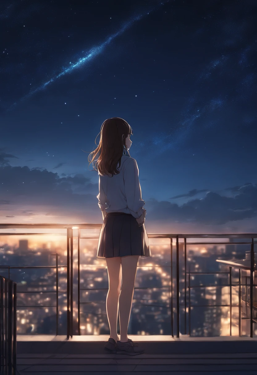 Anime girl standing on the roof looking at the night sky with stars, 4k anime wallpapers, Anime Wallpaper 4k, Papel de parede anime 4k, Anime Art Wallpaper 8K, Anime Art Wallpaper 4K, Anime Art Wallpaper 4K, estilo anime 4K, Makoto Shinkai Cirilo Rolando, 4 k manga wallpaper, 动漫壁纸, paper awesome wallpaper, estrelas cadentes