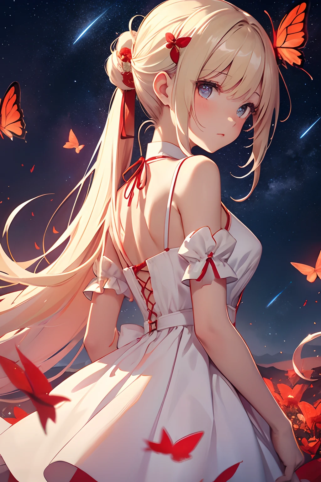 masterpiece、a beauty girl、Red butterflies in a white mini dress with a slit々Embroidery、Blonde Long、Red butterflies with hair tied up in a bun々Pin in、Background with((Fantastic starry sky、kosmos、black hole))、heavy wind