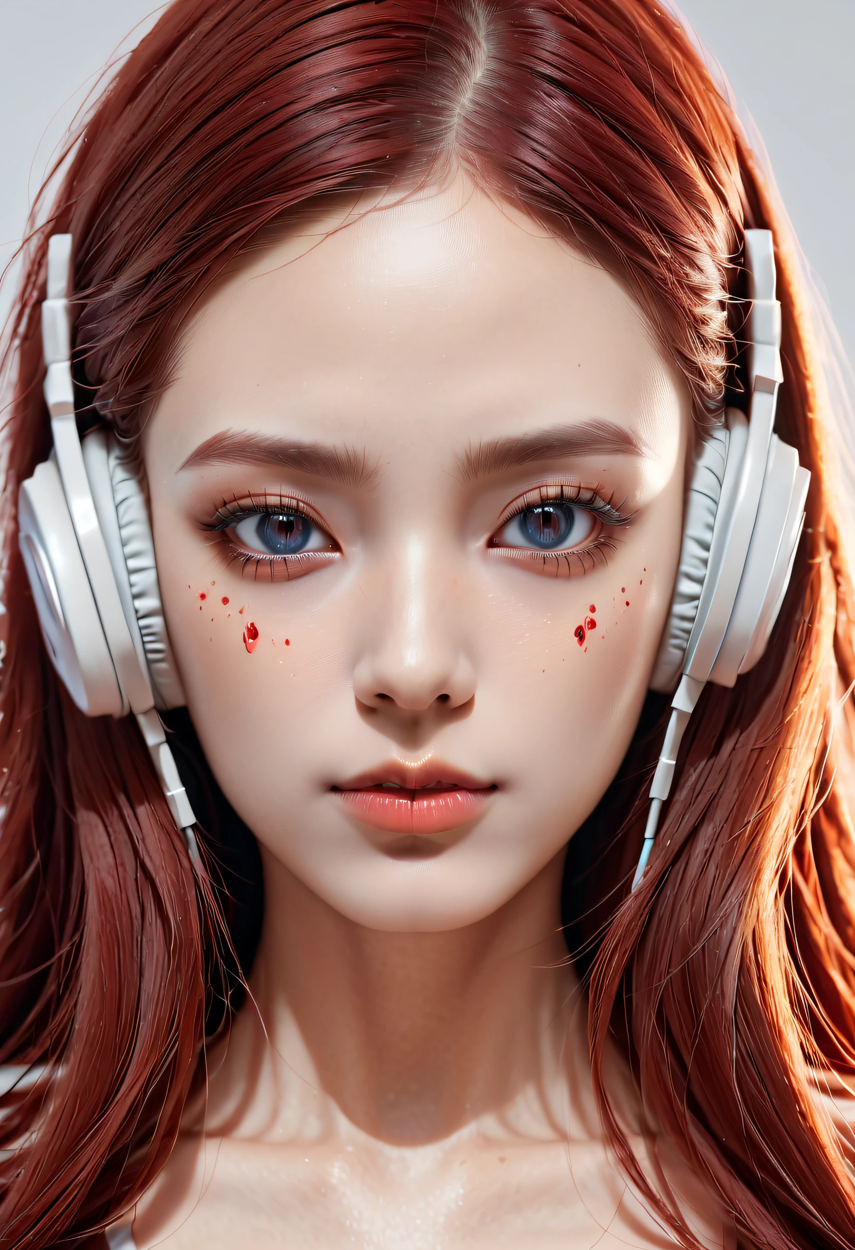 girl with long red hair, red eyes, futuristic vibes, mask on mouth, headphones, 8k, high quality, simple background, glowing eyes, nice pose