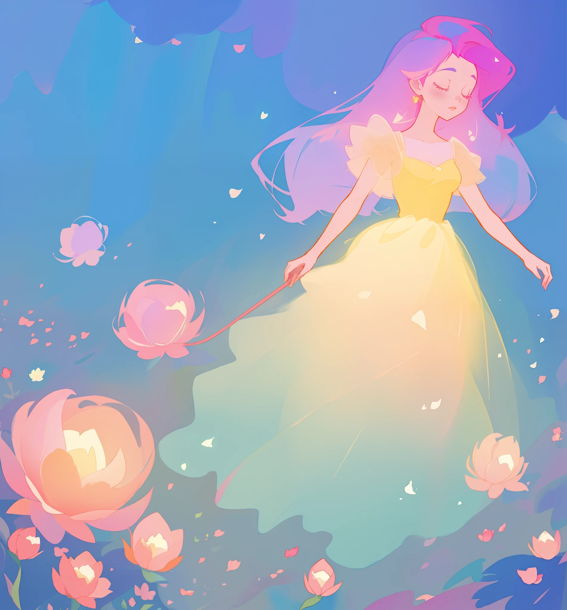 beautiful girl in puffy gradient ballgown, a field with round puffball pink flowers, otherworldly flowers, whimsical landscape, long pink flowing hair, watercolor illustration, inspired by Glen Keane, inspired by Lois van Baarle, disney art style, by Lois van Baarle, by Glen Keane, jen bartel, digital painting, beautiful digital illustration, fantasia otherworldly landscape plants flowers, beautiful, masterpiece, best quality, anime disney style