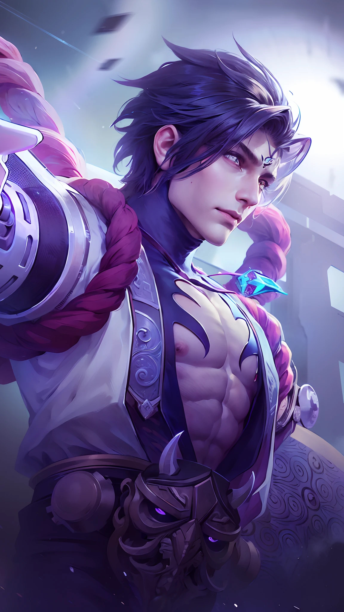 (Intricate Details, Masterpiece, Best Quality, High Resolution, 8k), (1man), (male:1.2), mature, dandy face, finely detailed eyes and face, toned body, masculine appeal, commanding presence, hot stud, bulging biceps and triceps, well-developed quadriceps and hamstrings, light skin, burgundy straight layered bangs hair, aquamarine eyes,  ornate details,  portrait, solo, half shot, looking down, detailed background, detailed face, (cogpunkai, cogpunk theme:1.1),  tech-mage,   [magic|technology], melding of spellcraft and advanced technology,  intricate [spellcasting clothes|mechanical gear], gear shaped glyphs,  ancient crystals,  [gears|ancient spell],  floating particles,  [innovative|enchanting] aura, high tech vehicle in background,   , finely detailed background, Depth of Field, VFX, young man and handsome
