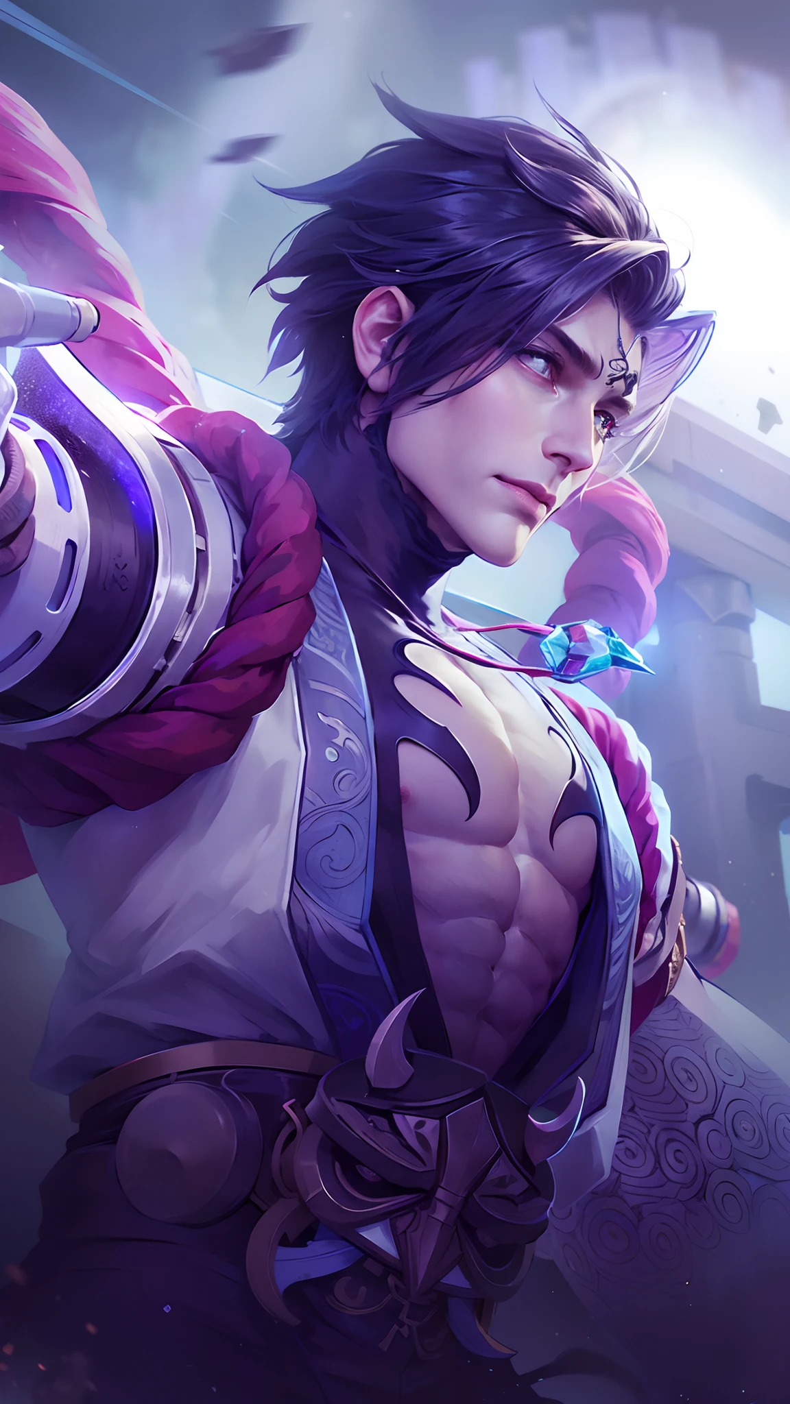 (Intricate Details, Masterpiece, Best Quality, High Resolution, 8k), (1man), (male:1.2), mature, dandy face, finely detailed eyes and face, toned body, masculine appeal, commanding presence, hot stud, bulging biceps and triceps, well-developed quadriceps and hamstrings, light skin, burgundy straight layered bangs hair, aquamarine eyes,  ornate details,  portrait, solo, half shot, looking down, detailed background, detailed face, (cogpunkai, cogpunk theme:1.1),  tech-mage,   [magic|technology], melding of spellcraft and advanced technology,  intricate [spellcasting clothes|mechanical gear], gear shaped glyphs,  ancient crystals,  [gears|ancient spell],  floating particles,  [innovative|enchanting] aura, high tech vehicle in background,   , finely detailed background, Depth of Field, VFX, young man and handsome