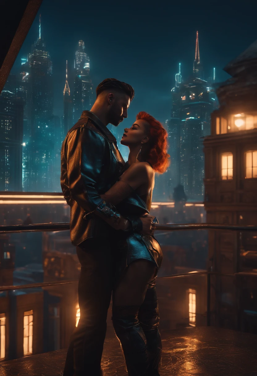 cyberpunked, Beautiful couple in the buildings roof on the cyberpunk retro city、they are dancing in front of the stars at night,8K,Ultra-high definition,Pixar style,High Definition, 1x1