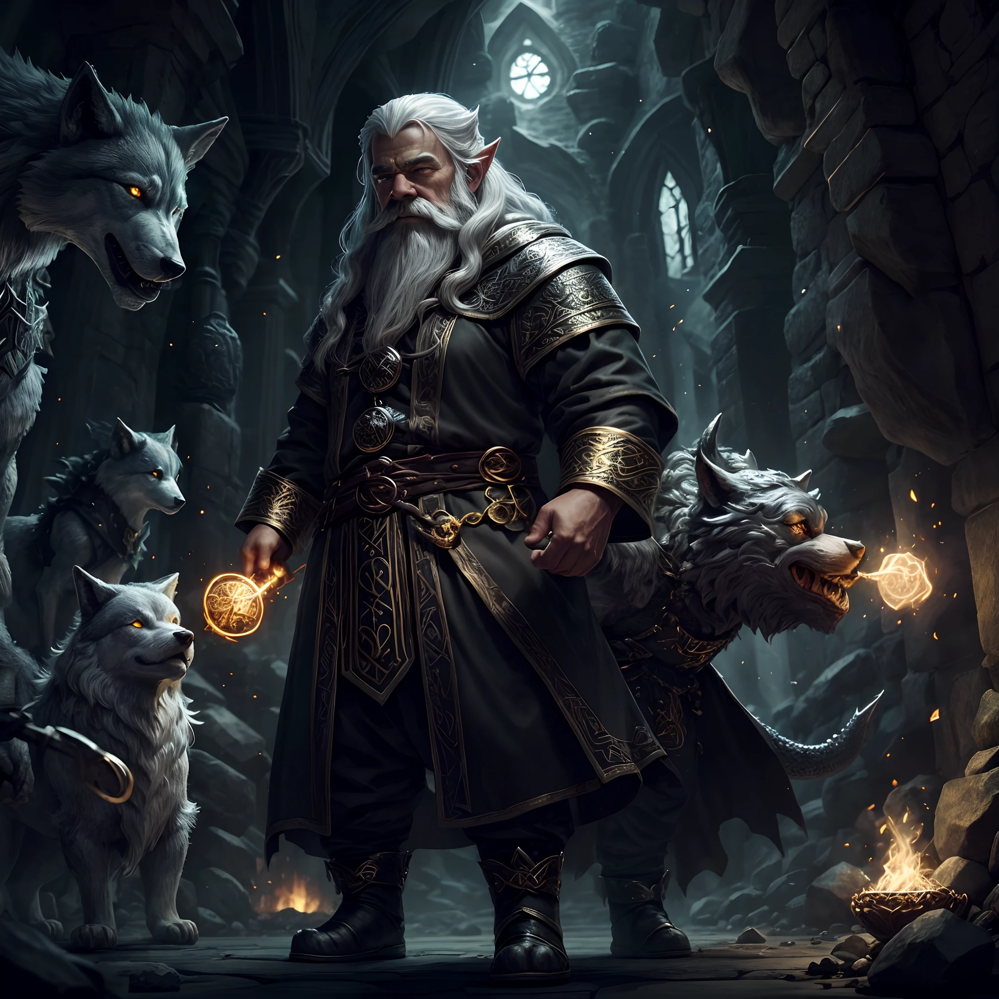 A silver-haired dwarf Summoner in black clothes with golden runes controlling creatures, a wolf and a dragon, magic-controlled mascots with a green magical aura