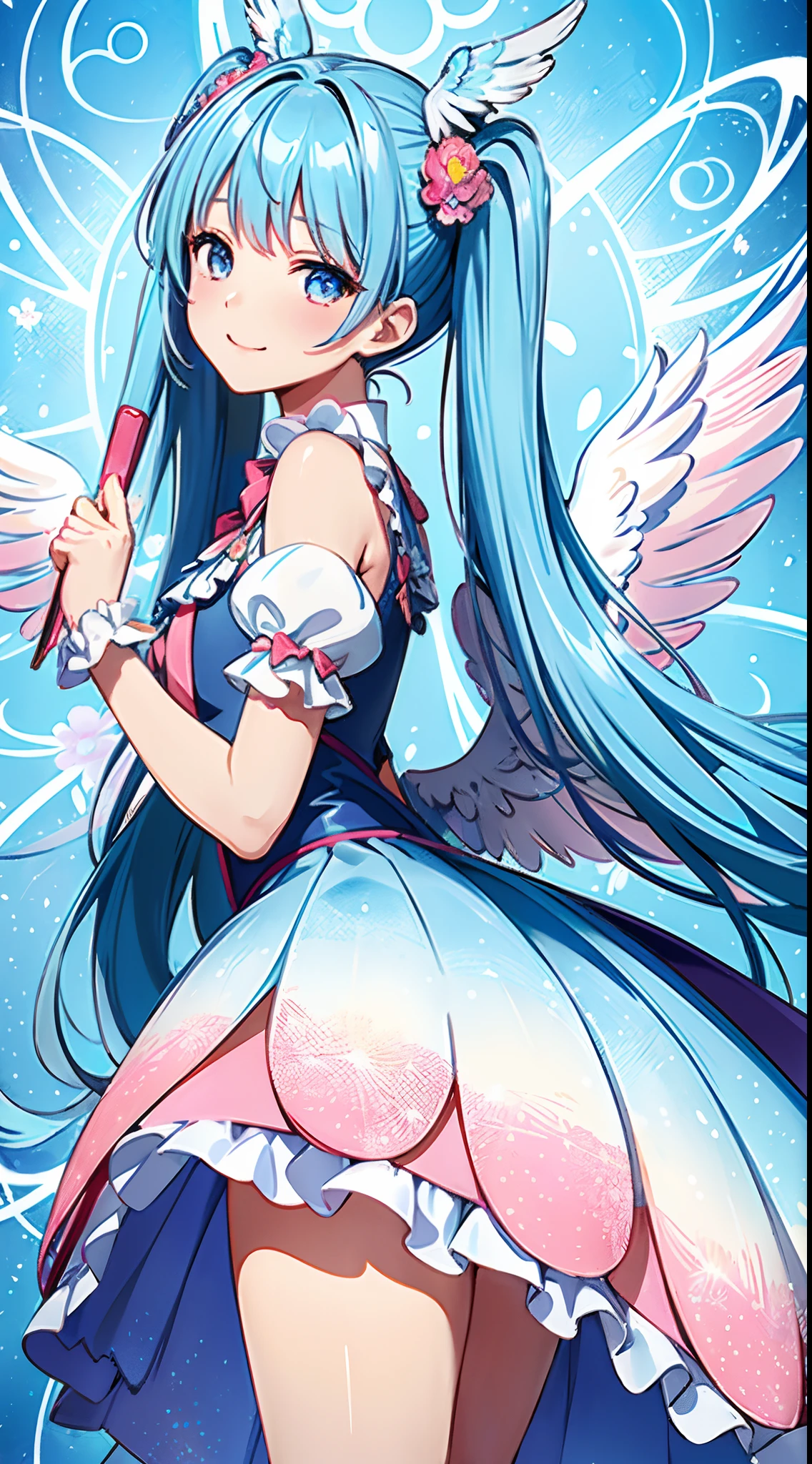 (masterpiece、top-quality、top-quality、Official art、Beautifully Aesthetic:1.2)、(1girl in:1.3)Light blue long hair、Twin-tailed、adorable smiling、ighly detailed、(Fractal Art:1.1)、(colourfull:1.1)(florals:1.3)、highestdetailed、(dynamicposes)、(Abstract background:1.3)、(shinny skin)、(Many colors:1.4)、(pluma:1.5)、White background、See-Through Phoenix Leotard、Angel wings shining in seven colors、1 kawaii girl、adorable smiling、Twin tails with long light blue hair、Colorful leotards in ta style with ruffles、A blizzard of fluttering flowers(Some photos)、((top-quality))、((masterpiece))、(ighly detailed、highestdetailed、Official art、Beautifully Aesthetic:1.2)