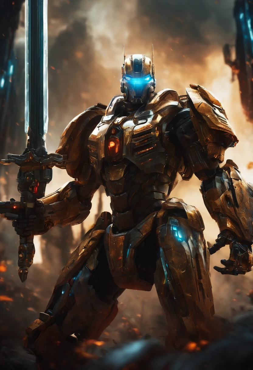 I want a cybernetic robot warrior with sword and guns in defense of good
