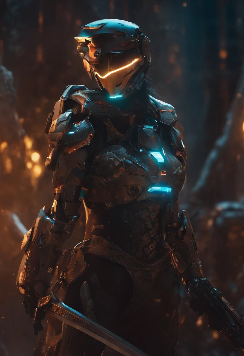 I want a cybernetic robot warrior with sword and guns in defense of good