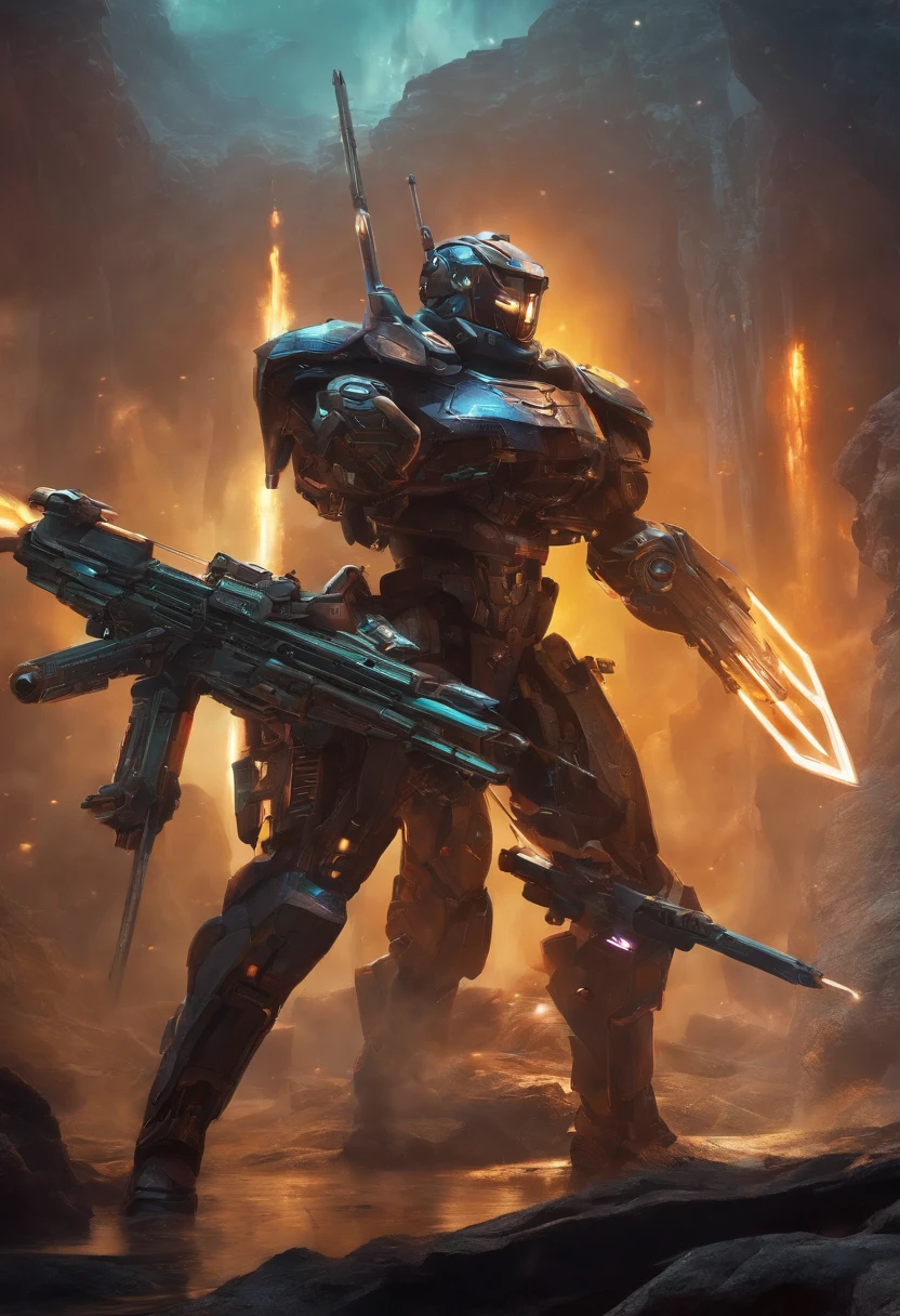 I want a cybernetic robot warrior with sword and guns in defense of good