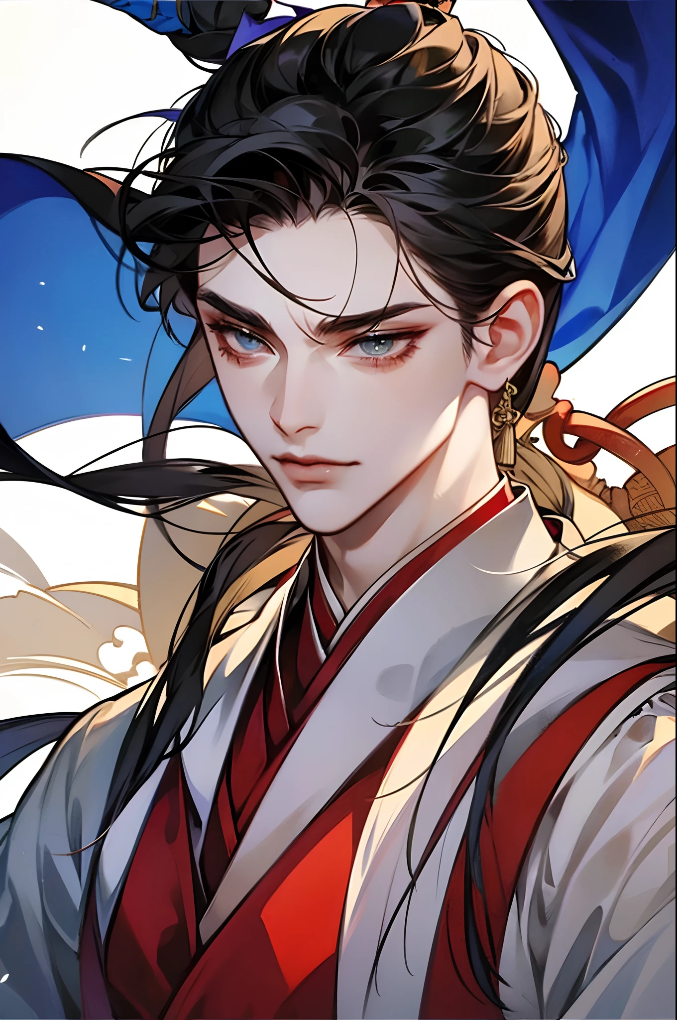 (masterpiece), best quality, expressive eyes, perfect face, 1boy, gorgeous, gufeng, xuanduan, chinese scholar, ancient china, hanfu, sharp jawline, handsome, smooth face, best hands, pale skin, modern, tall, slender, neutral colored clothes, zoomed in, focused, HD wallpaper quality, (big eyes), detailed eyes, detail, more detail, pretty, eyelashes