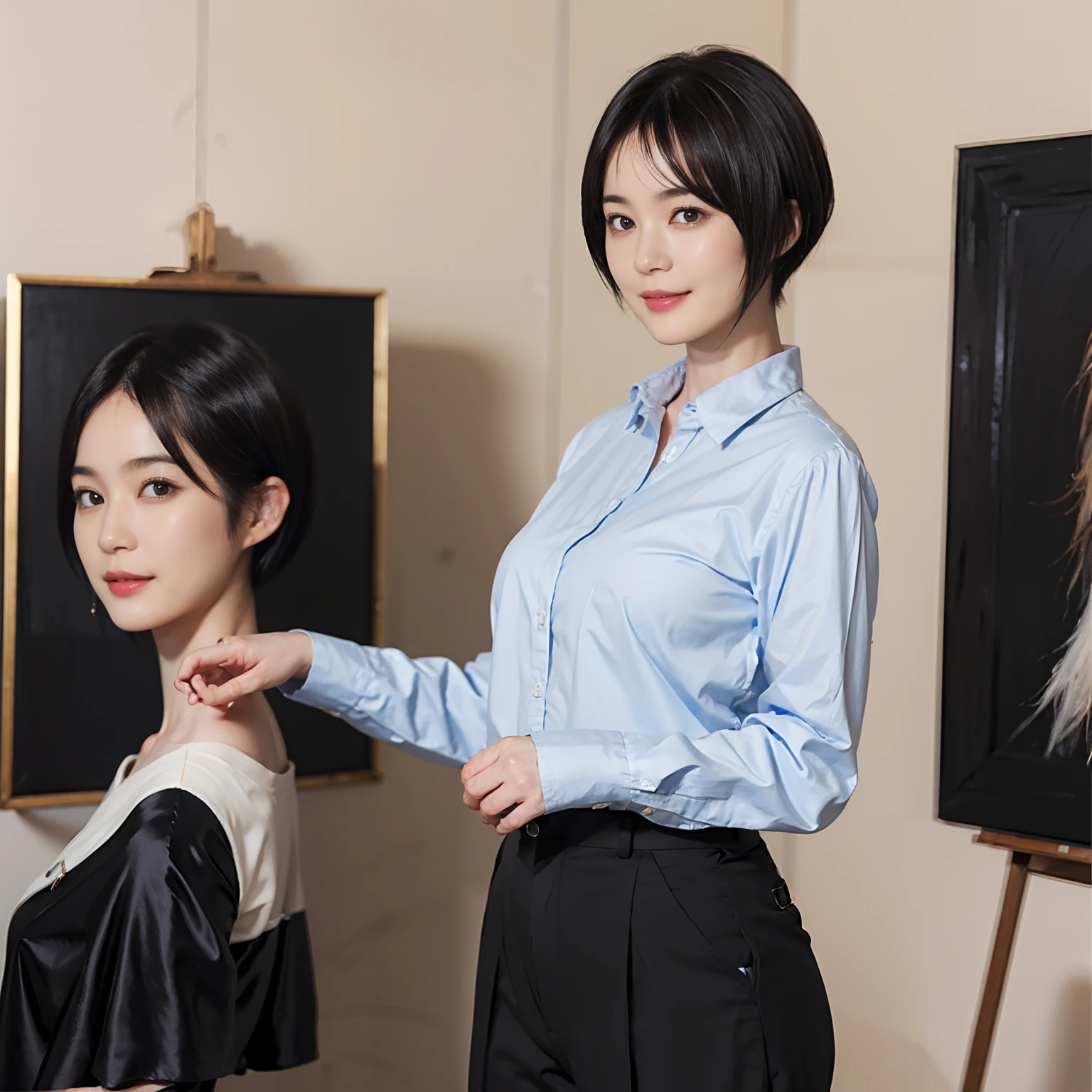 87
(a 20 yo woman,is standing), (A hyper-realistic), (masutepiece), ((short-hair:1.46)), (Smooth black hair), (Breast:1.0), (kindly smile), Wear long pants, (Wearing a long-sleeved shirt), (Beautiful skin:1.5), (Big paintings)