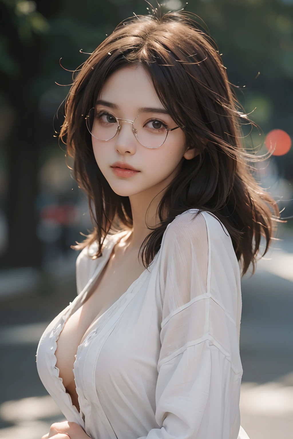 (best quality,high resolution,like real:1.4),plump chest, brown hair, random highlights, glasses, stylish outfit, hyper-realistic, detailed features, upper body