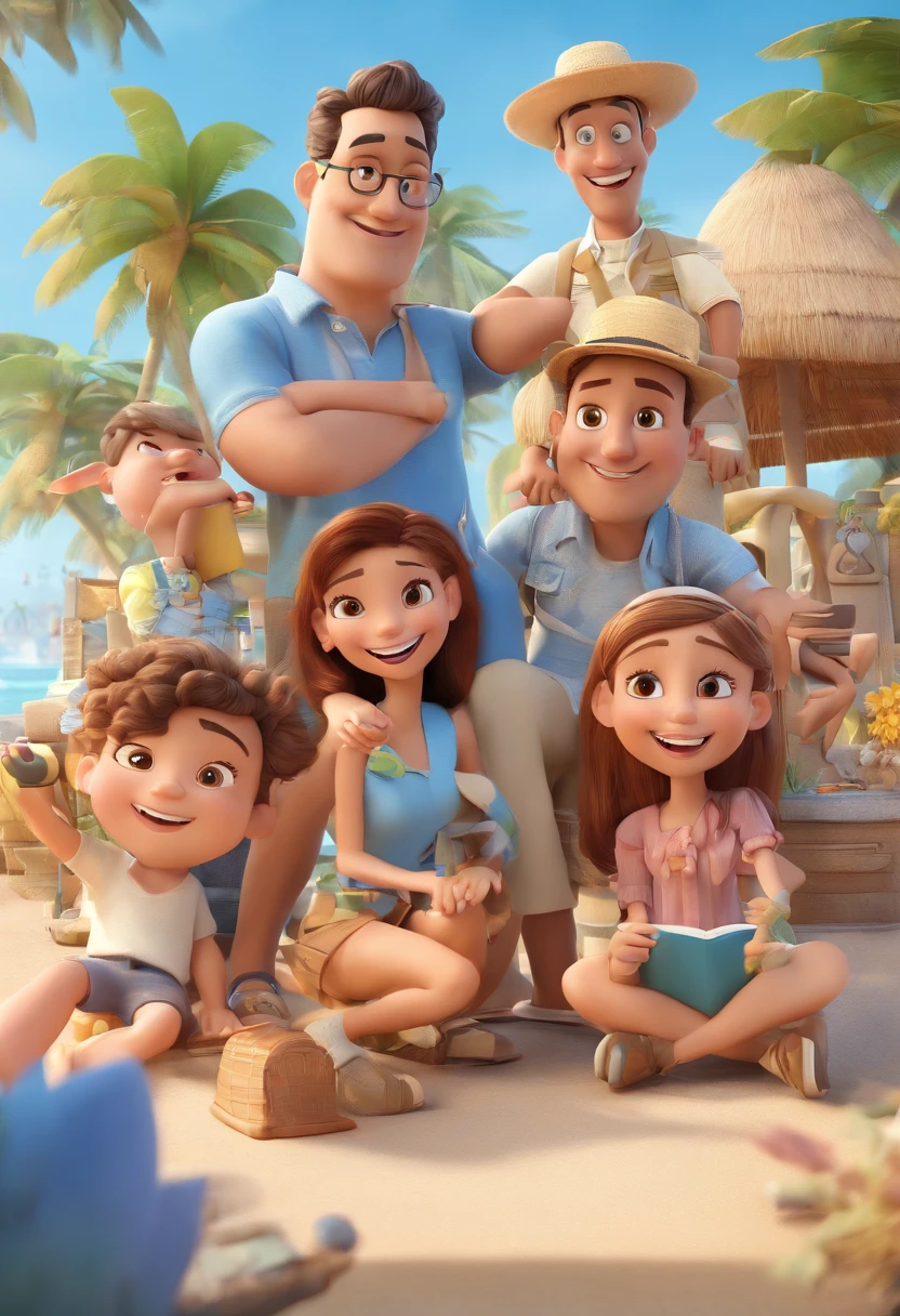 Cartoon of friends having fun on vacation together, amigos felizes saem juntos, all wearing light blue shirts and cream brown long pants, camisa azul clara, cream brown pants, ao ar livre, vacation, Disney Pixar Animation Poster