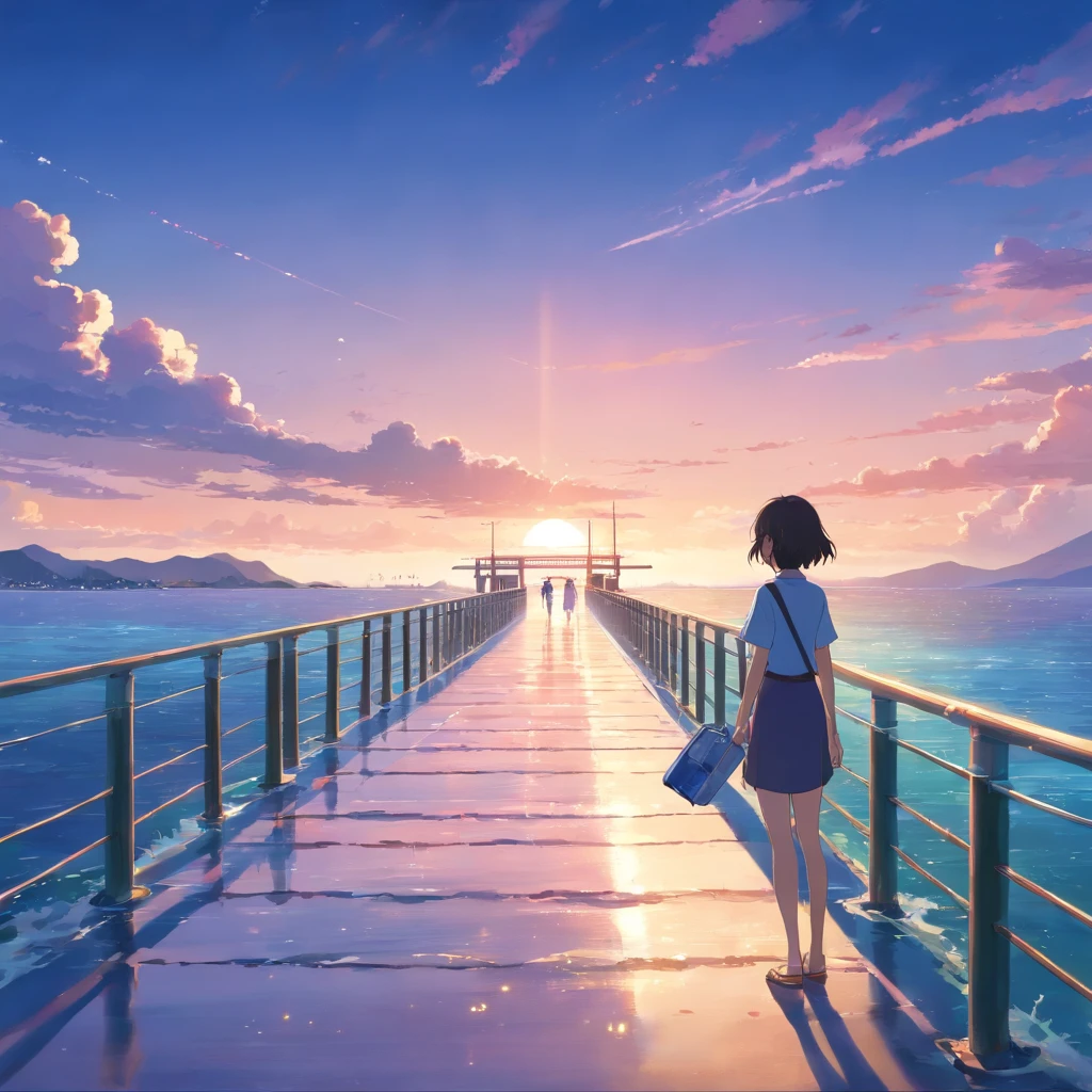 8k, best quality, masutepiece, scenecy,pier,cais, mar, litoral, poste de utilidades, A long stone bridge that stretches down to the sea, a panoramic view, Jet flying in the sky leaving two trails of white air. blue skies, Sunset, Noite, Coral reefs by the sea