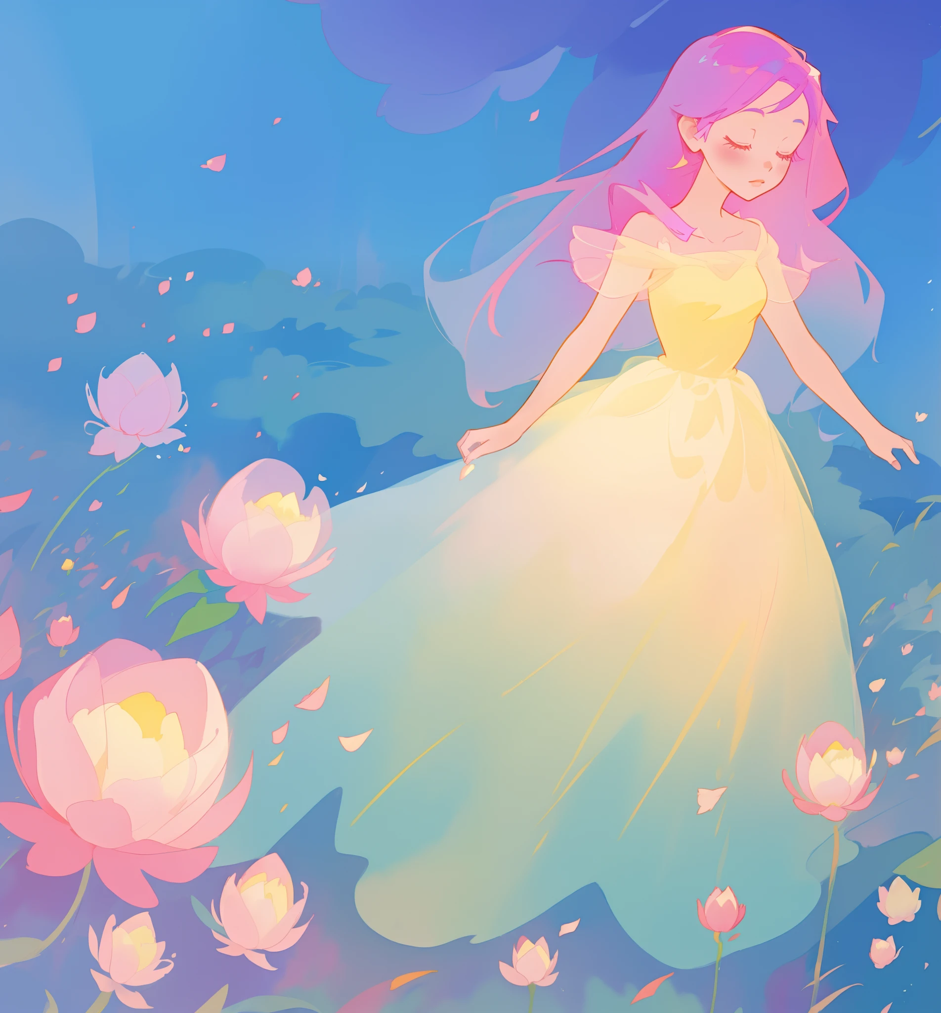 beautiful girl in puffy gradient ballgown, a field with round puffball pink flowers, otherworldly flowers, whimsical landscape, long pink flowing hair, watercolor illustration, inspired by Glen Keane, inspired by Lois van Baarle, disney art style, by Lois van Baarle, by Glen Keane, jen bartel, digital painting, beautiful digital illustration, fantasia otherworldly landscape plants flowers, beautiful, masterpiece, best quality, anime disney style