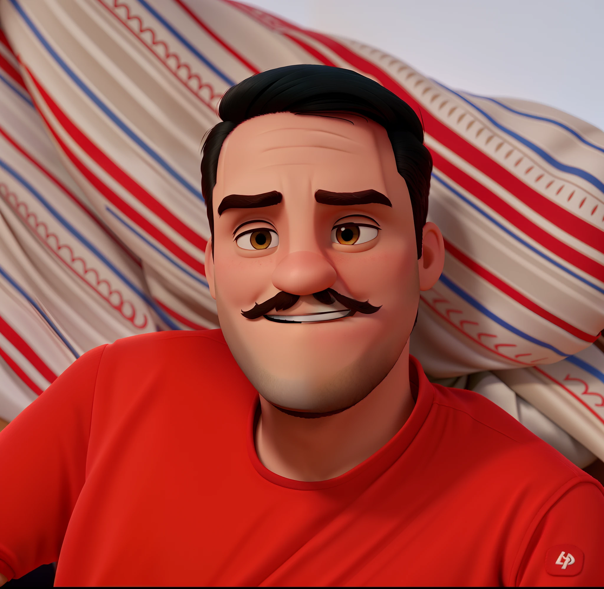 Casal estilo disney pixar melhor qualidade alta qualidade. Homem sentado camisa vermelha, bigode e cavanhaque