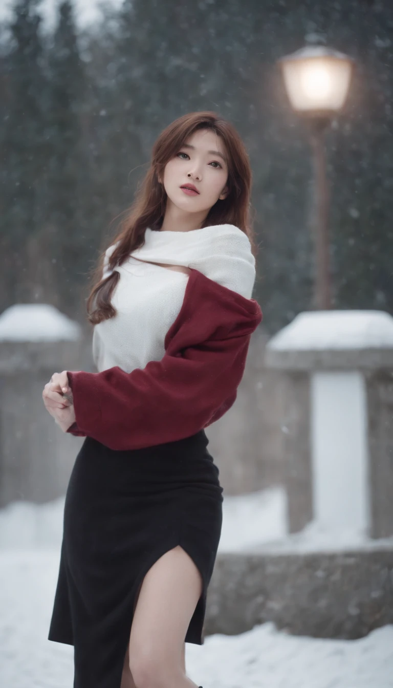 (Sony α1, SEL50F12GM), ((Looking back)), (((full body Esbian))), ((Realistic)), ((From behind, From below)), ((Off-the-shoulder clothing)), Beautiful young girl, Beautiful Japanese model, long hair with maroon, curly, By bangs, F-cup, (slender leg), (cold light, the night, starrysky), (at winter season, Yuki). ((White sweater, Short black skirt), detailed scene, detaileds，ultra - detailed, (correct hand), (anatomy correct), (best qualtiy，tmasterpiece)