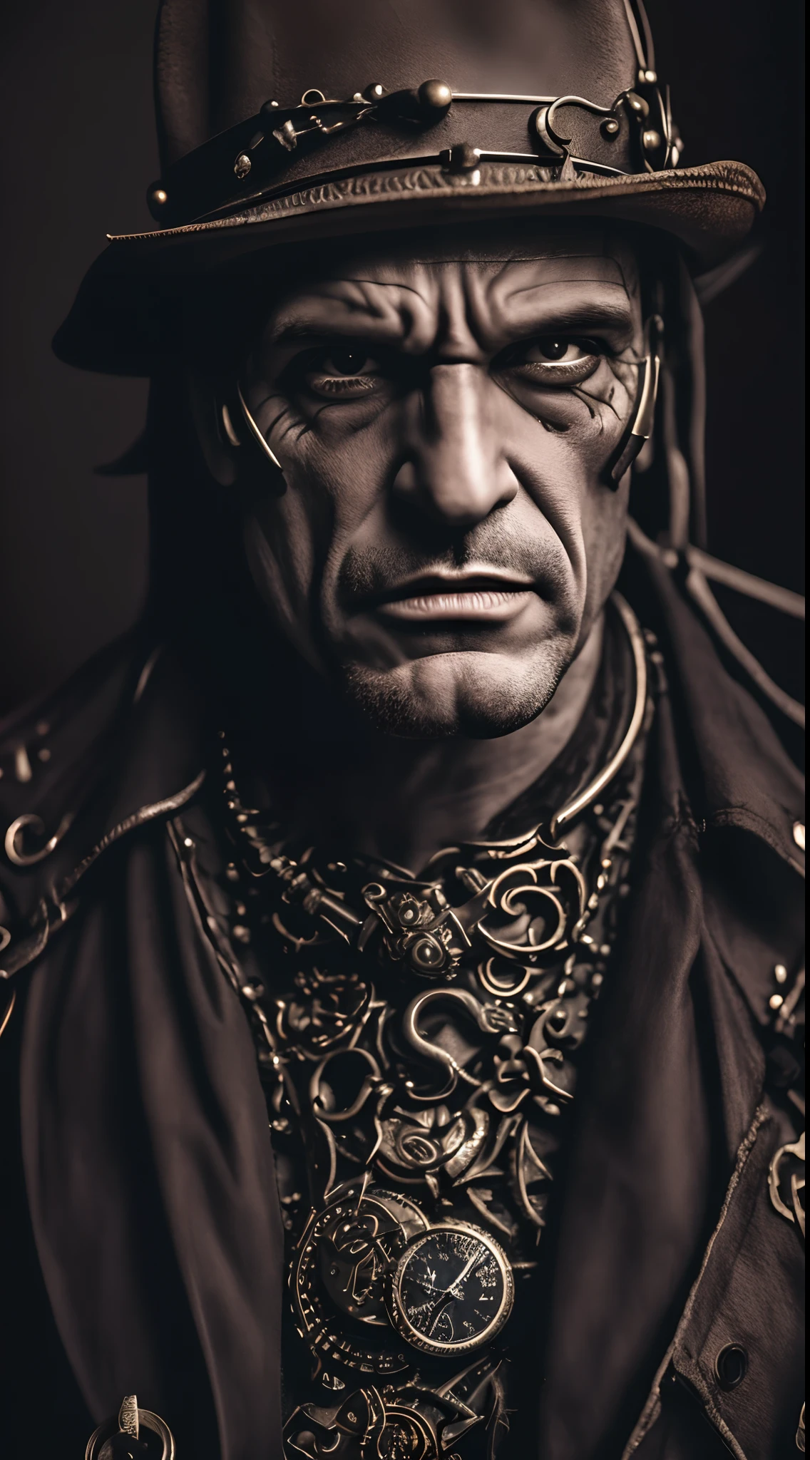 "Vampiro, com asas de morcego e colar, majestoso, terror steampunk, Foto em close-up, High key lighting, Sepia, Lente de zoom, --AR 9:16"