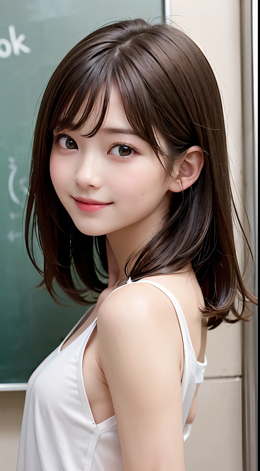 ((1girl in)), ((Best Quality)), (Ultra-detailed), (extremely detailed CG unified 8k wallpaper), Highly detailed, High-definition raw color photos, Professional Photography, Peanut butter brown hair, Very short hair,Amazing face and eyes, (amazingly beautiful girl), ((Small breasts)),looking happy smile,School, (barechested:1.4),(From below:1.2),(looking back:1.3)