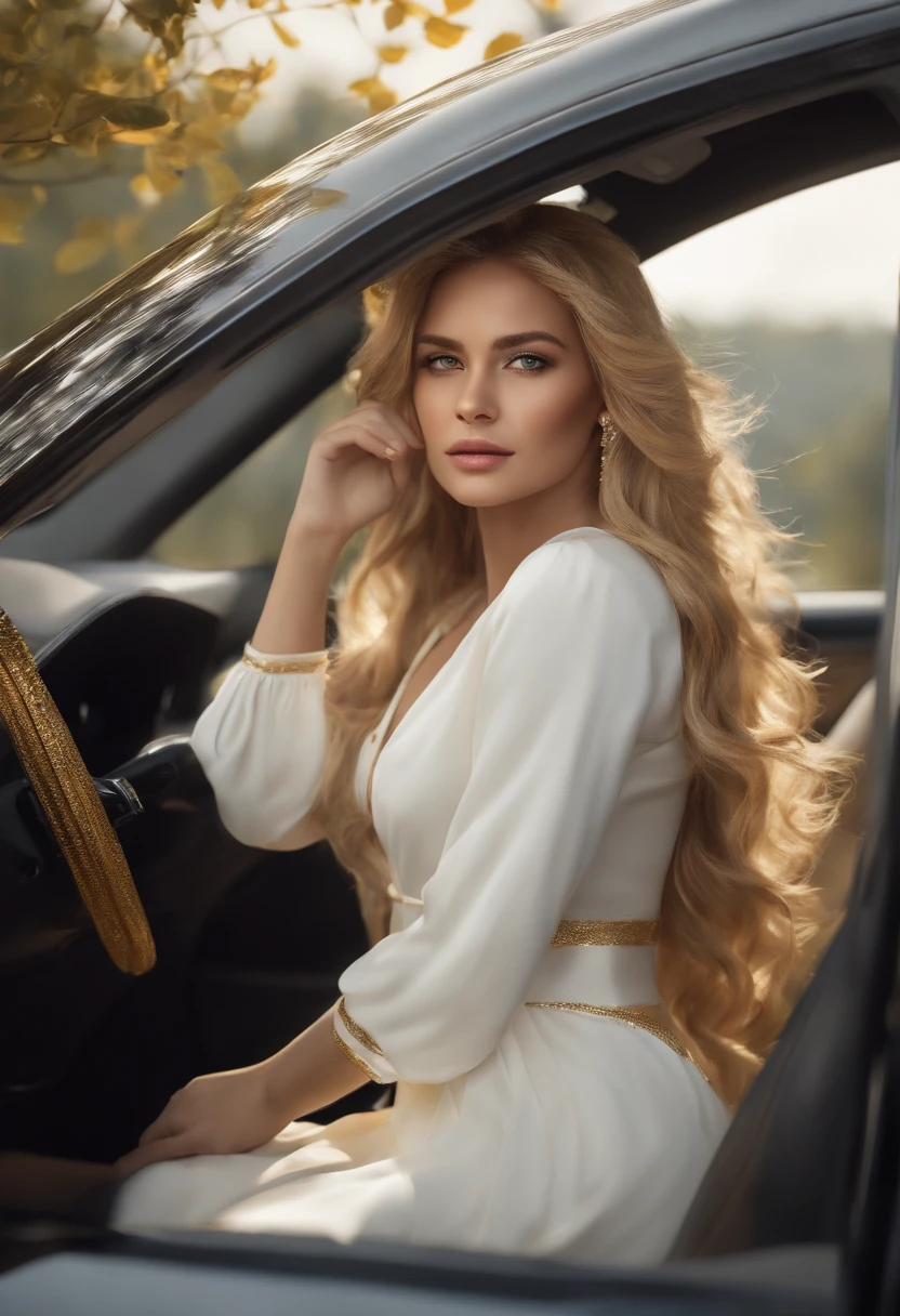 ((masutepiece)), ((Best Quality)), 8K, hard disk, Super Detail, (Woman), (White dress with yellow gold rimming), (Strewn with golden hair shawls), (Eyes with closed expression) (Sleeping in the car 1.6) (Full body display 1.4) The artwork is a masterpiece, With the highest quality and super detail, 8K capture on hard disk. photographrealistic, Realistic, Highly detailed illustration, Octane Rendering