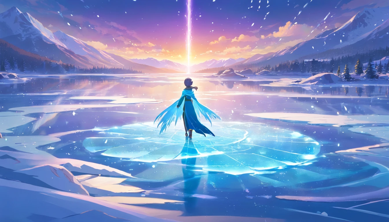 In the middle of a frozen lake,It is surrounded by a string of icy water, The essence of magic is formed through a person, Her hair was as blue as night,The golden eyes are as bright as the energy of the sun. A blue aura of energy emerged from his body,Form the shape of a bird,around his body. The frozen air that generates your body's energy hovers and dances in a whirling dance of glowing particles,Like a fragment of your ethereal aura. Ice crystals form as they travel through the air, Its glow casts a mystical glow over its intense focus. The scene exudes a sense of ancient power and occult knowledge, It's as if frozen lakes and waterfalls are long-forgotten secrets. The mood is calm, Mysterious and powerful, There is an intertwined balance between nature and magic. The illustration style captures this aura of mystery through detailed digital art, Combine complex lines with a vibrant color palette.