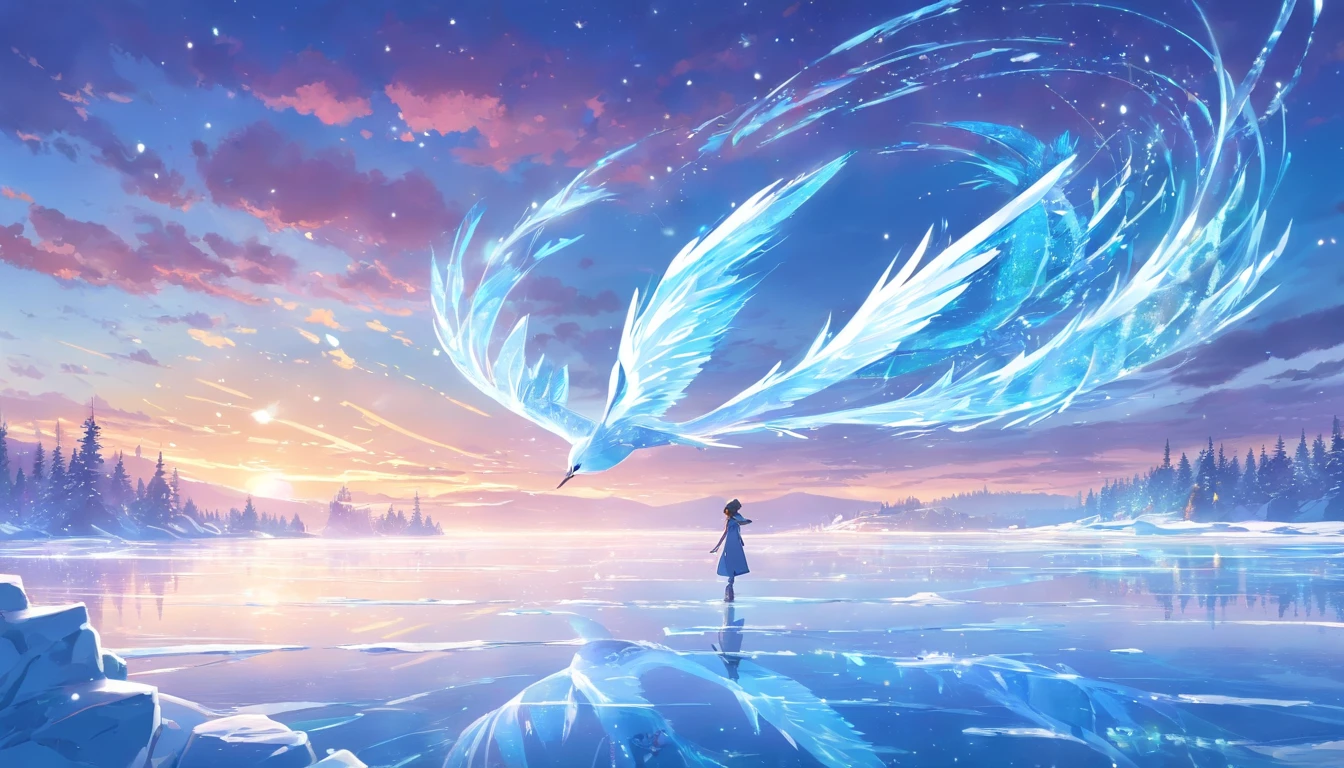 In the middle of a frozen lake,It is surrounded by a string of icy water, The essence of magic is formed through a person, Her hair was as blue as night,The golden eyes are as bright as the energy of the sun. A blue aura of energy emerged from his body,Form the shape of a bird,around his body. The frozen air that generates your body's energy hovers and dances in a whirling dance of glowing particles,Like a fragment of your ethereal aura. Ice crystals form as they travel through the air, Its glow casts a mystical glow over its intense focus. The scene exudes a sense of ancient power and occult knowledge, It's as if frozen lakes and waterfalls are long-forgotten secrets. The mood is calm, Mysterious and powerful, There is an intertwined balance between nature and magic. The illustration style captures this aura of mystery through detailed digital art, Combine complex lines with a vibrant color palette.