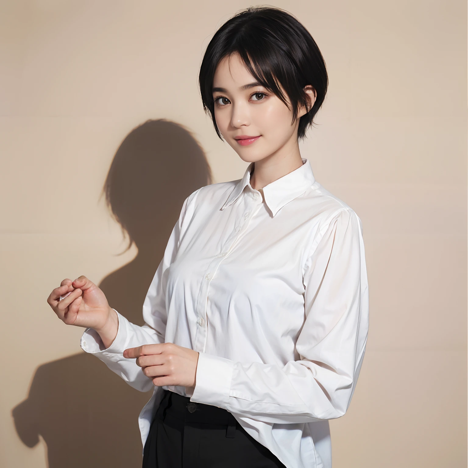 87
(a 20 yo woman,is standing), (A hyper-realistic), (masutepiece), ((short-hair:1.46)), (Smooth black hair), (Breast:1.0), (kindly smile), Wear long pants, (Wearing a long-sleeved shirt), (Beautiful skin:1.5), (Big paintings)