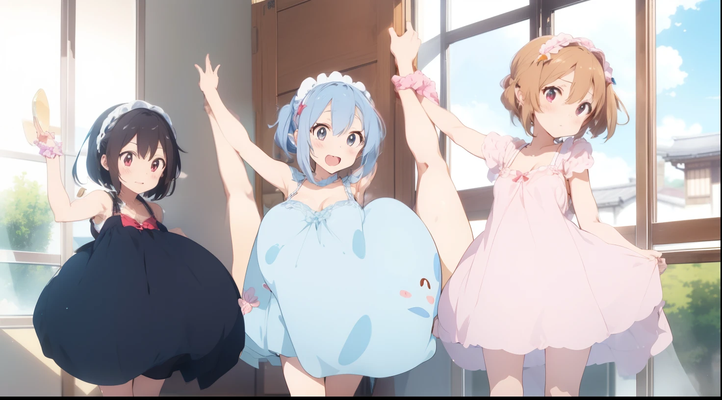 three girls in dresses are standing in a room with their arms up, anime maids riding early tanks, still from tv anime, anime moe artstyle, cel shaded anime, magical girl anime mahou shojo, anime still, soft anime, ecchi anime style, in style of kyoto animation, kyoto animation still, anime keyframe, today's featured anime still, blob anime, ulta gigantic boobs