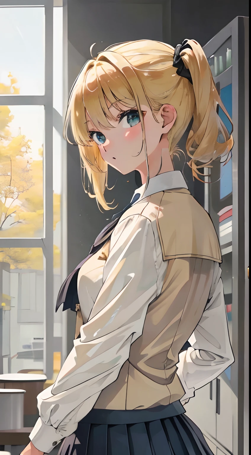 Best quality at best，detailed back ground，Girl，blond girl, JK school uniform，Mid-range bust scene