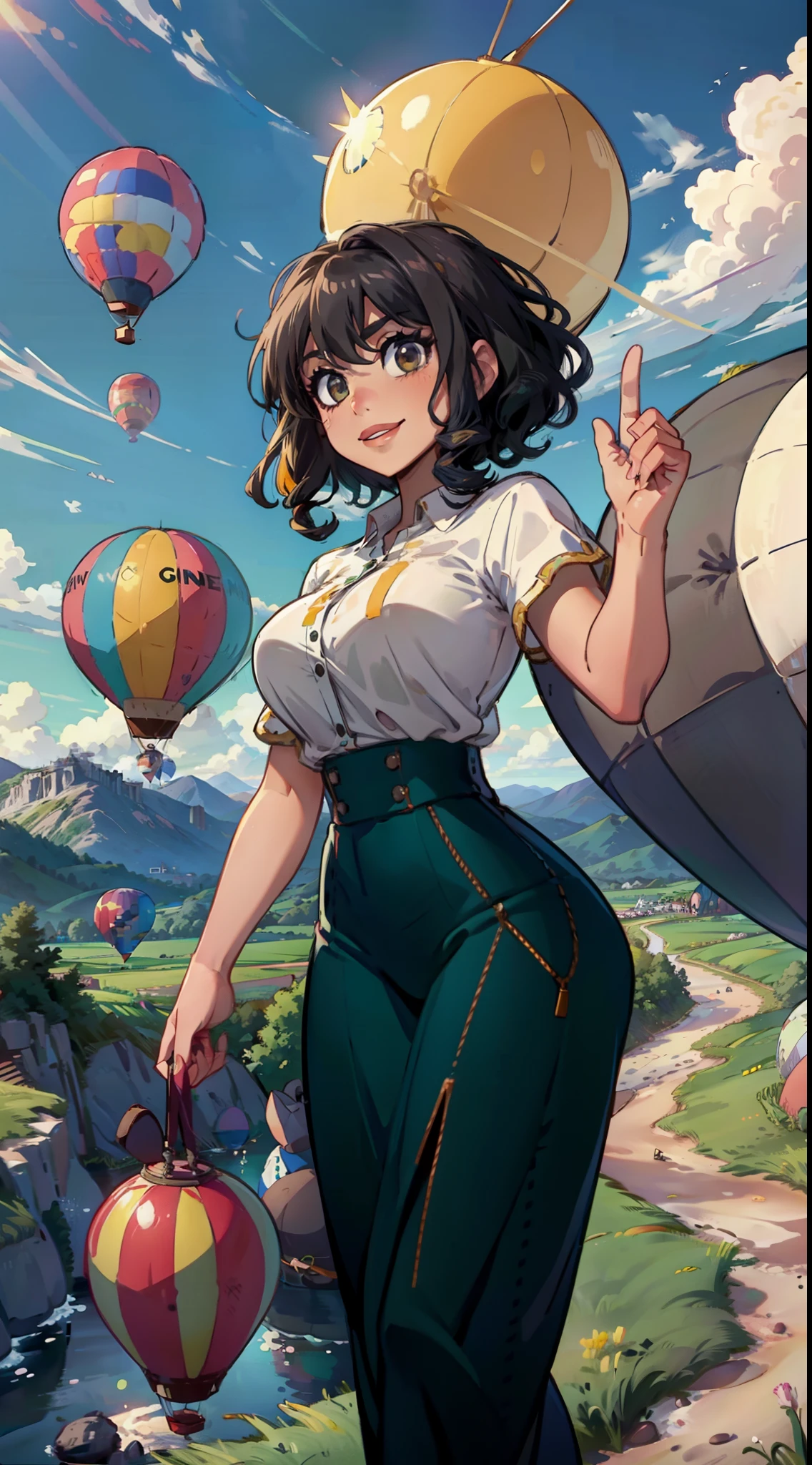 epic,dynamic pose,human girl character,cowboy shot,shiny skin,2D kawaii,pop manga,various color,World location: A picturesque countryside surrounded by rolling hills and green fields
Composition: A fleet of hot air balloons float serenely across a clear blue sky, with the largest and most brightly colored balloon in the center of the scene. People of all ages and backgrounds gaze up in awe at the balloons, pointing and smiling.