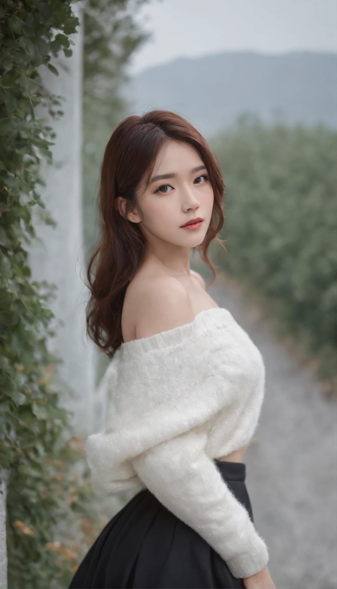 (Sony α1, SEL50F12GM), ((Looking back)), (((full body Esbian))), ((Realistic)), ((From behind, From below)), ((Off-the-shoulder clothing)), Beautiful young girl, Beautiful Japanese model, long hair with maroon, curly, By bangs, F-cup, (slender leg), (cold light, the night, starrysky), (at winter season, Yuki). ((White sweater, Short black skirt), detailed scene, detaileds,ultra - detailed, (correct hand), (??????? correct), (best qualtiy,tmasterpiece)