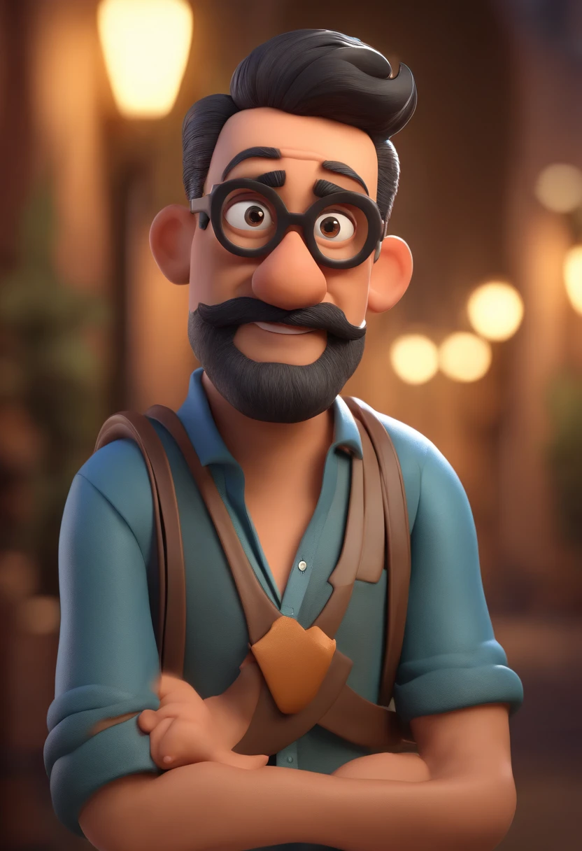 Cartoon character of a man with black glasses and a black polo shirt, cabelo liso, With beard and old school tattoo on his arm, animation character, Caractere estilizado, animation style rendering, 3D estilizado, Arnold Maya render, 3 d render stylized, toon render keyshot, Personagem 3D, Personagem 3D, 3d rendering stylized, 3 d character render, personagem de desenho animado, Personagem de close up, Pose de personagem, (Estilo Pixar) (master part:1.2) (Bokeh) (best quality) (pele detalhada) (textura detalhada) (8k) (argila) (Cinematic lighting) (foco nítido