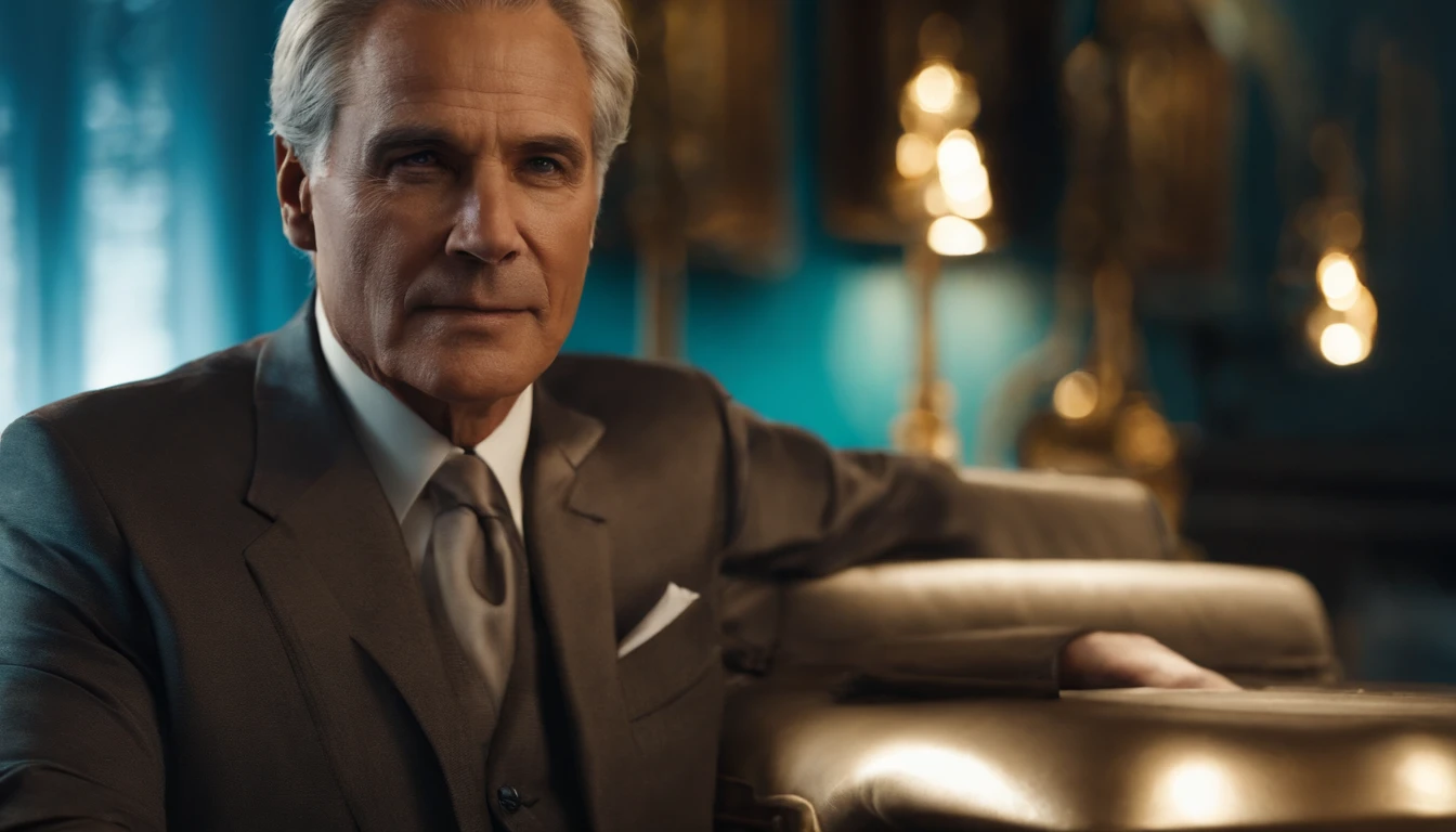 58-year-old male, blanche, dark-brown eyes,Wearing a suit on a blue background,Winners