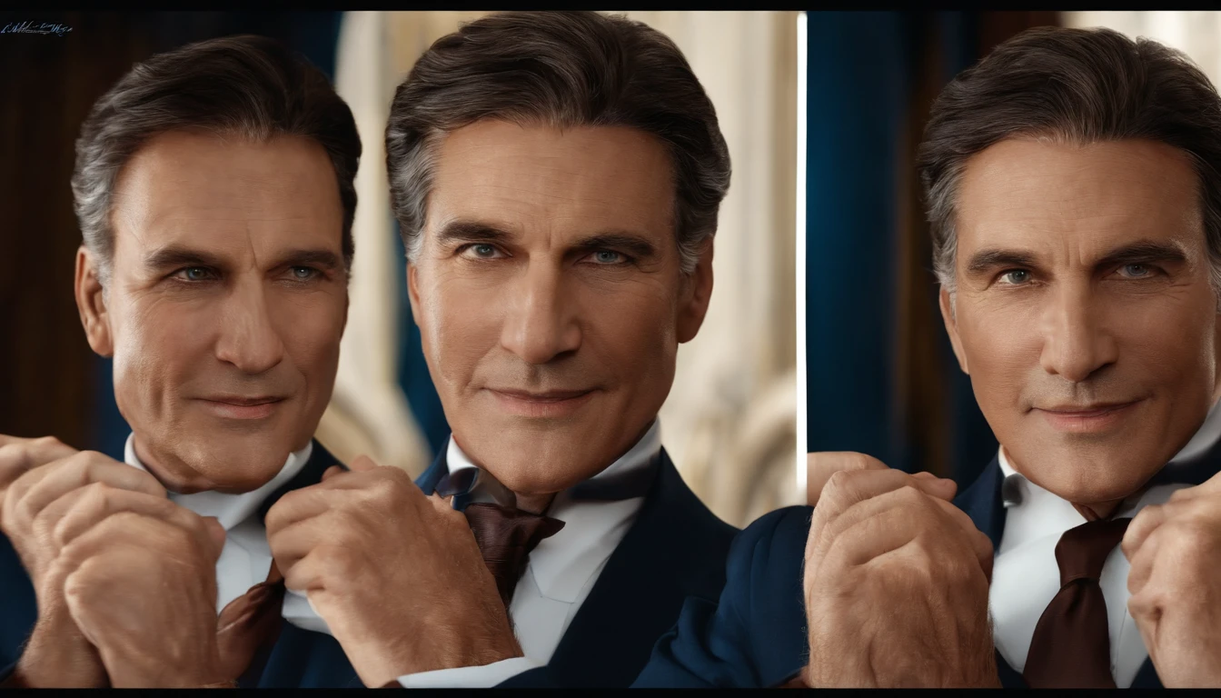 58-year-old male, blanche, dark-brown eyes,Wearing a suit on a blue background,Winners