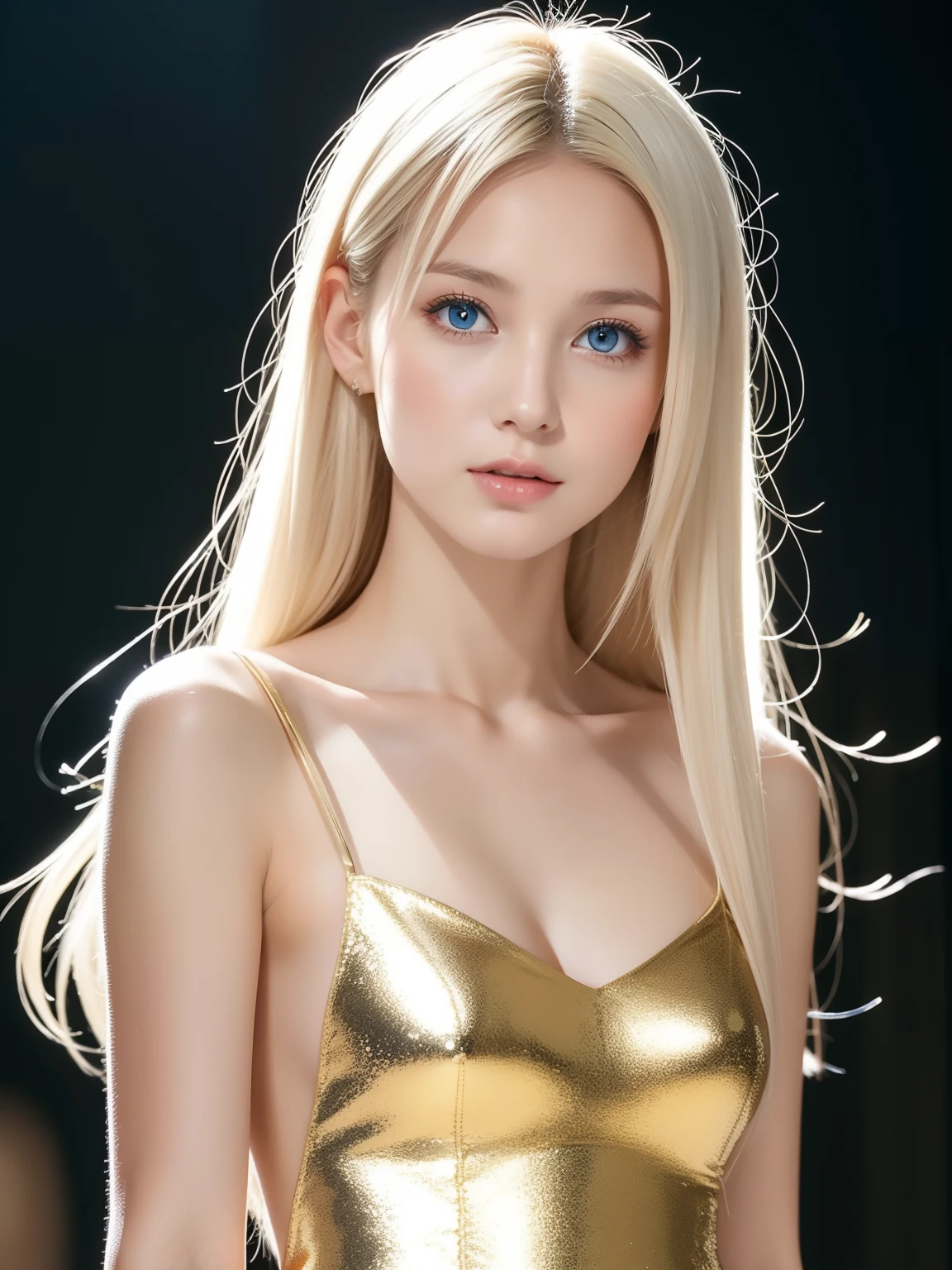 Beautiful woman in fantastic space, Tight micro dress white and gold color, 98k, {{masutepiece}}, Best Quality, High quality:1.4), {{[[front look}}, eye_Contact,Pose for multiple photos)]], Very Clean Face, And very pretty eyes, Cute Images, Cute Images, {{A half body}}, {{{{{{{{Long legs}}}}}}}}, {{{{Slim sexy body}}}}, {{{{{{Tall Woman}}}}}}, {{Height 177 cm}}, Solo, Beautiful, lovely, Adorable, pale skin, {{18-year-old German girl}}, Beautiful German girl with platinum blonde hair color with blue eyes or green eyes), Young German girl in scandinavia, {{{{{{{{{{Half Girl}}}}}}}}}}, {{{{{{{{{{high_heels}}}}}}}}}},
