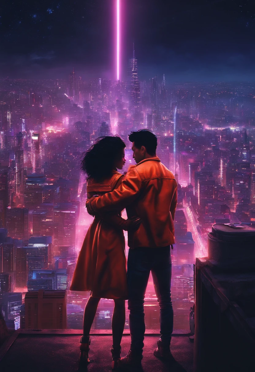 akira, cyberpunked, Beautiful couple in the buildings roof on the cyberpunk retro city、they are dancing in front of the stars at night,8K,Ultra-high definition,Pixar style,High Definition