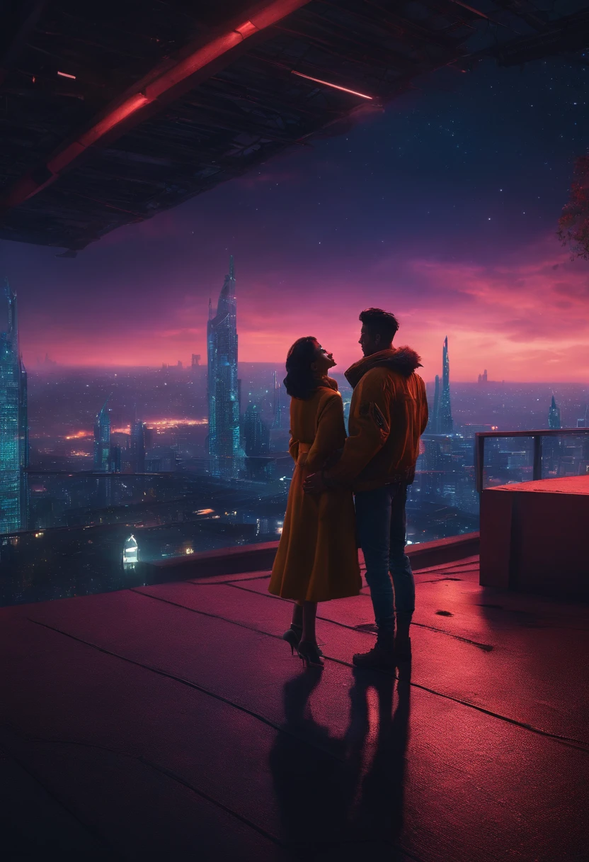 akira, cyberpunked, Beautiful couple in the buildings roof on the cyberpunk retro city、they are dancing in front of the stars at night,8K,Ultra-high definition,Pixar style,High Definition