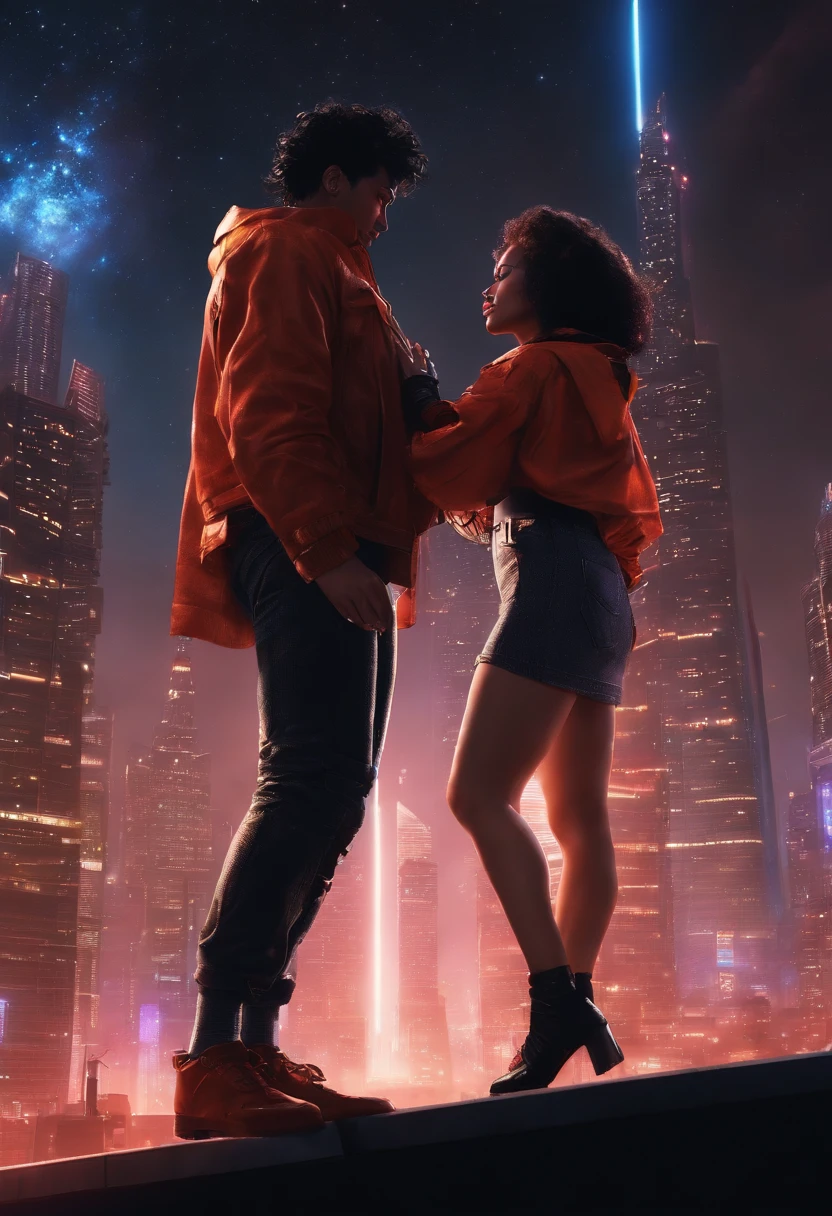 akira, cyberpunked, Beautiful couple in the buildings roof on the cyberpunk retro city、they are dancing in front of the stars at night,8K,Ultra-high definition,Pixar style,High Definition