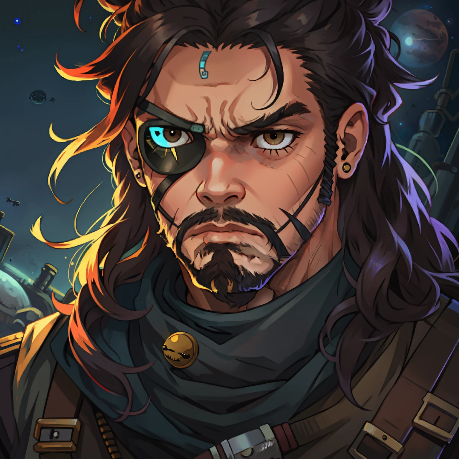 Grumpy space pirate eye patch alien hair pushed back facial hair hazel eyes tired eyes eye bags longer hair angry but soft