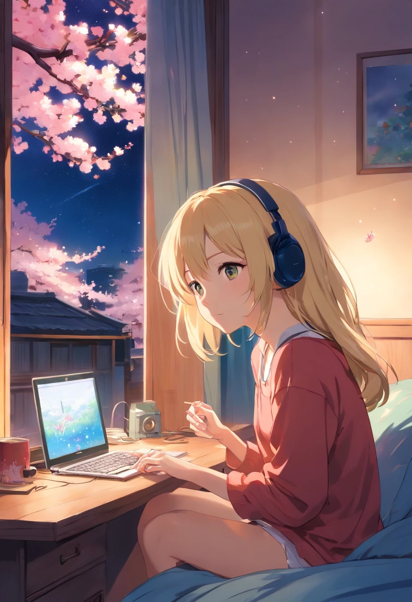 A young blonde woman in her bedroom sitting by the window listening to music on her headphones, Outside the window are cherry blossoms under a starry night sky. Capte a beleza e serenidade desta cena, com as flores suavemente iluminadas pela luz do luar. Japan,  feliz